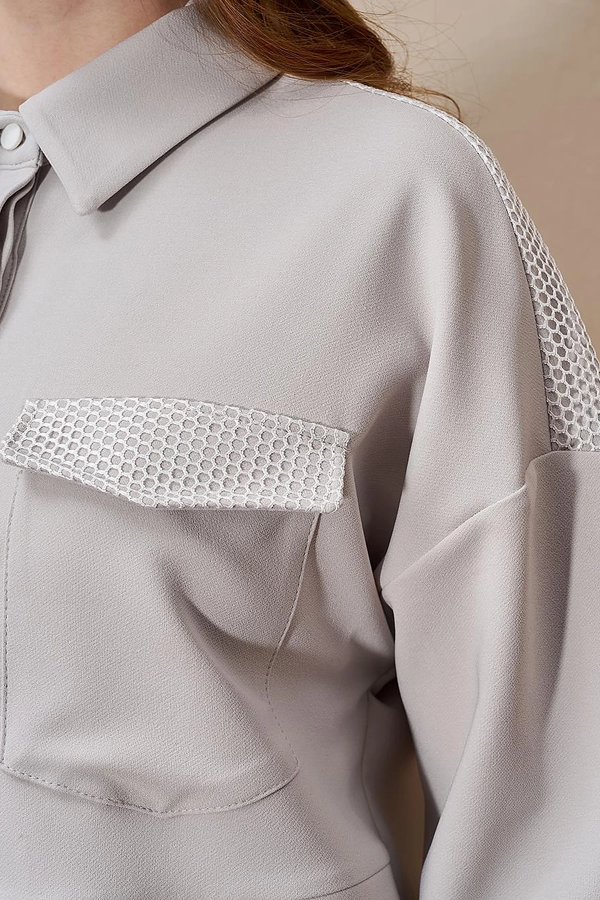 Mesh-Trimmed Wide Cuff Tunic Light Grey
