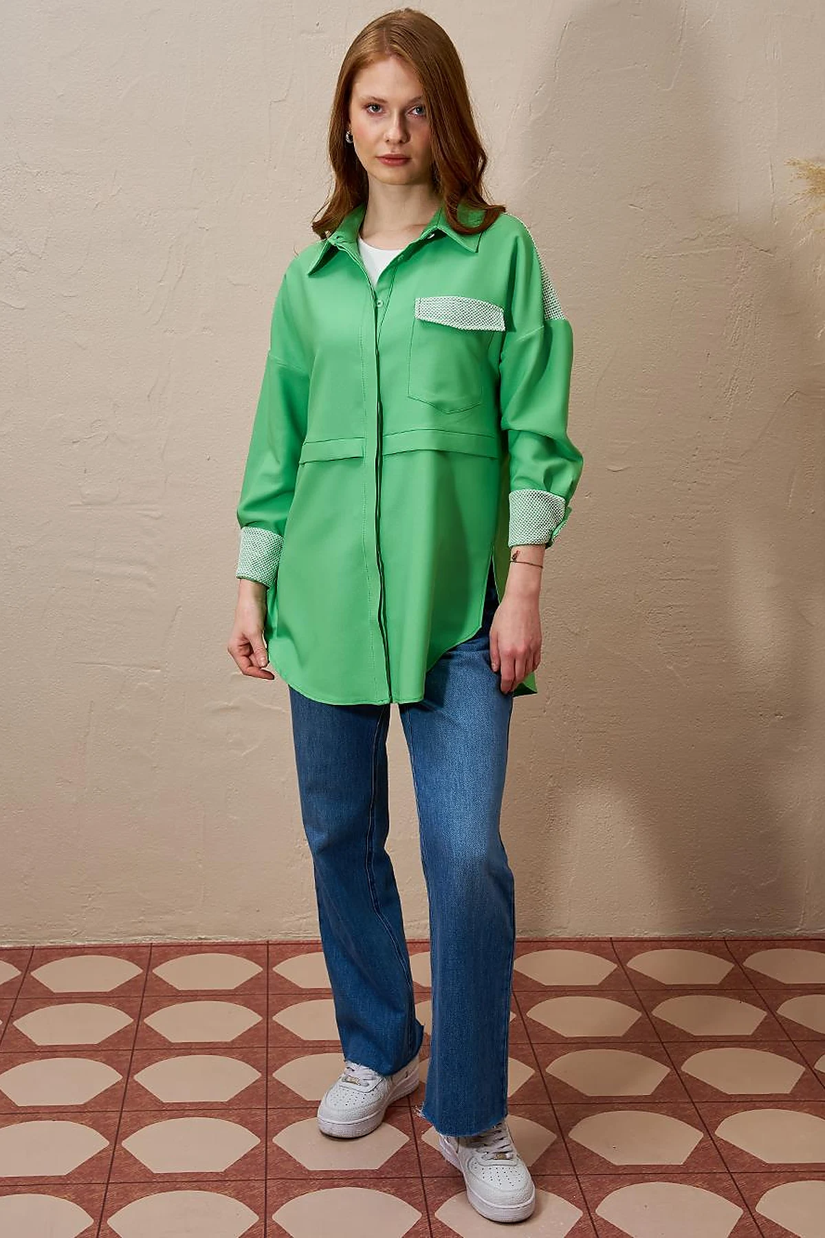Mesh-Trimmed Wide Cuff Tunic Clover Green