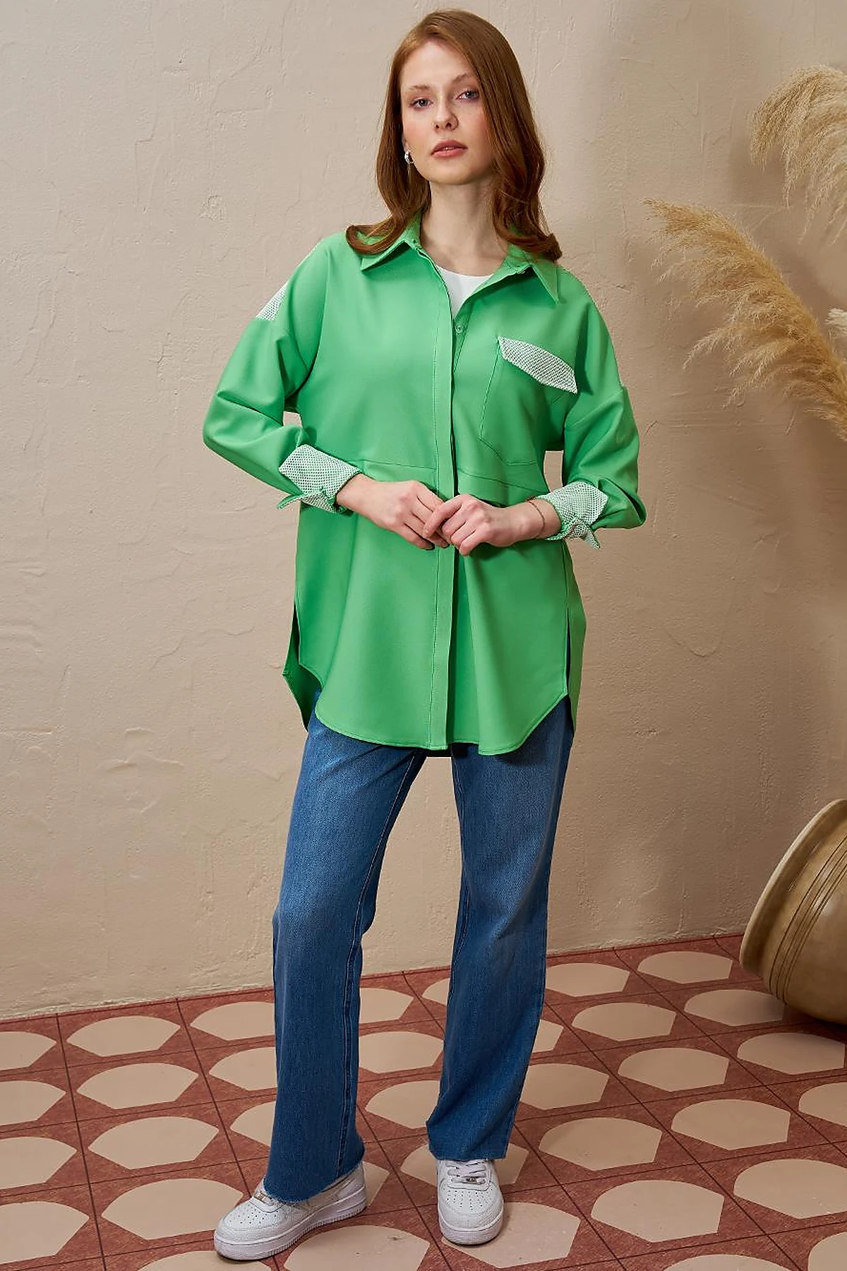 Mesh-Trimmed Wide Cuff Tunic Clover Green