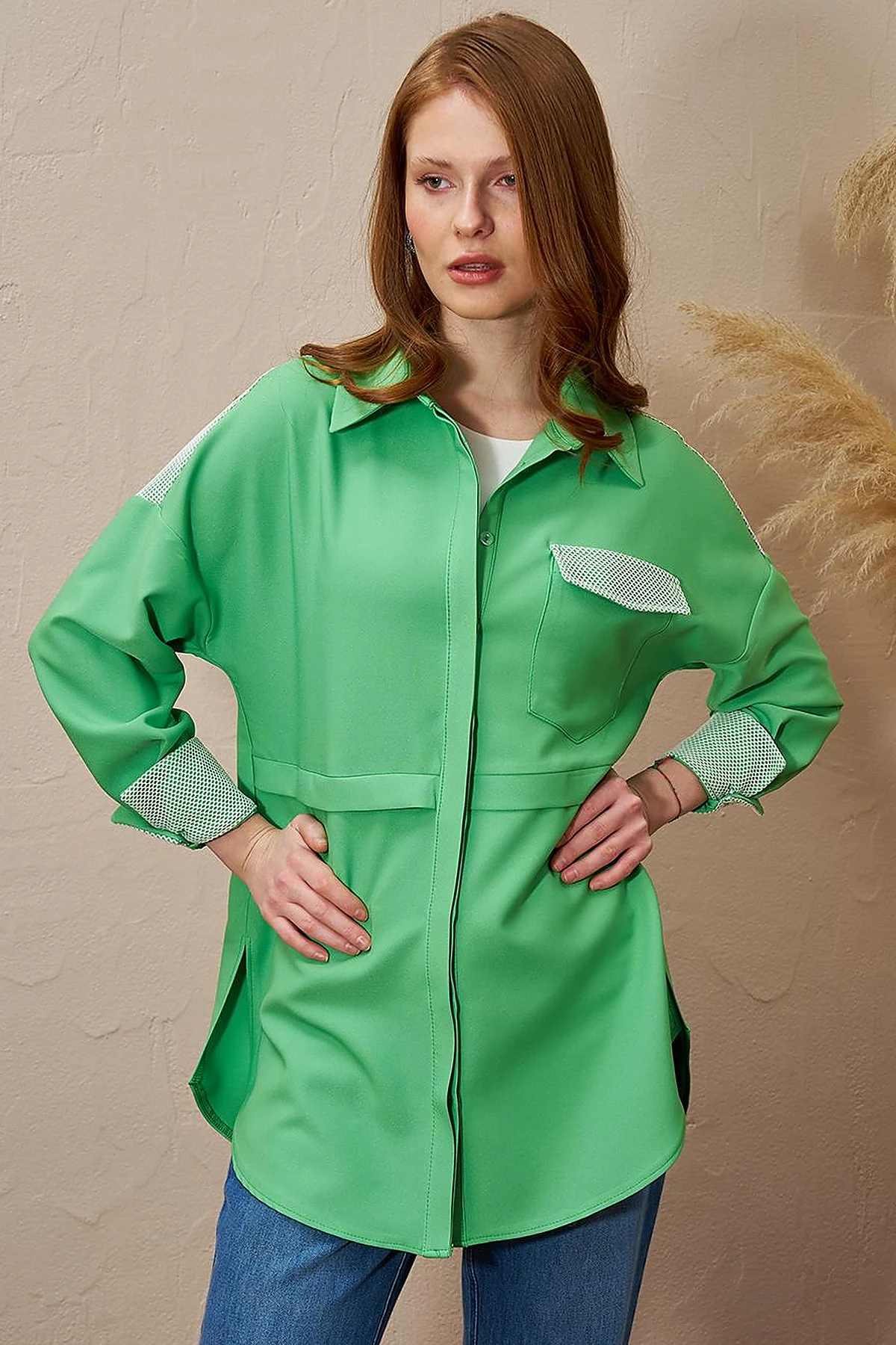Mesh-Trimmed Wide Cuff Tunic Clover Green
