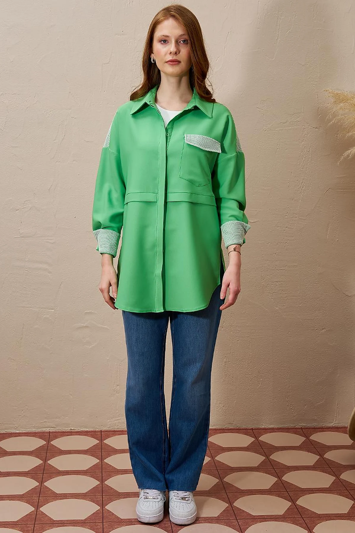 Mesh-Trimmed Wide Cuff Tunic Clover Green