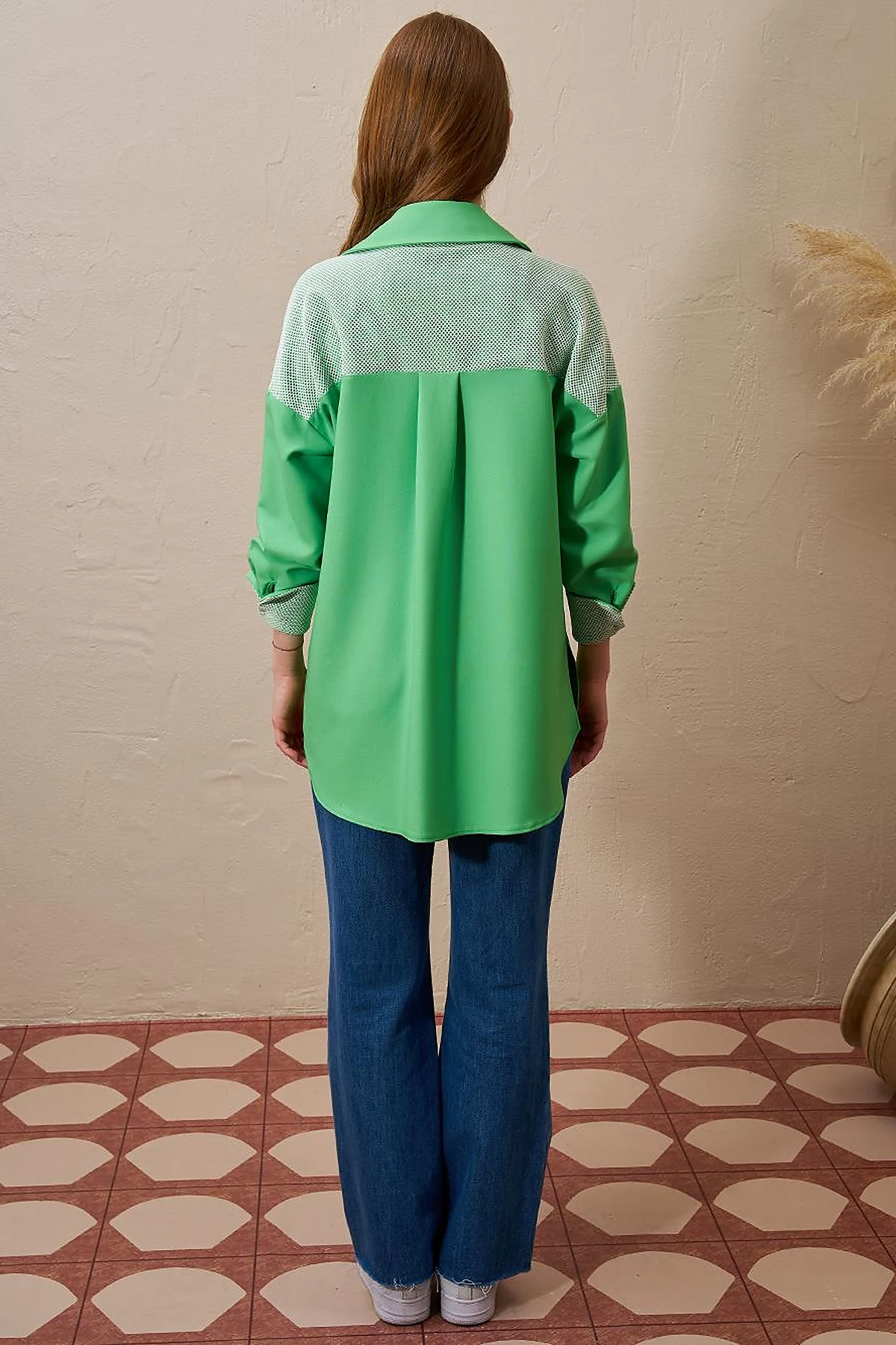 Mesh-Trimmed Wide Cuff Tunic Clover Green