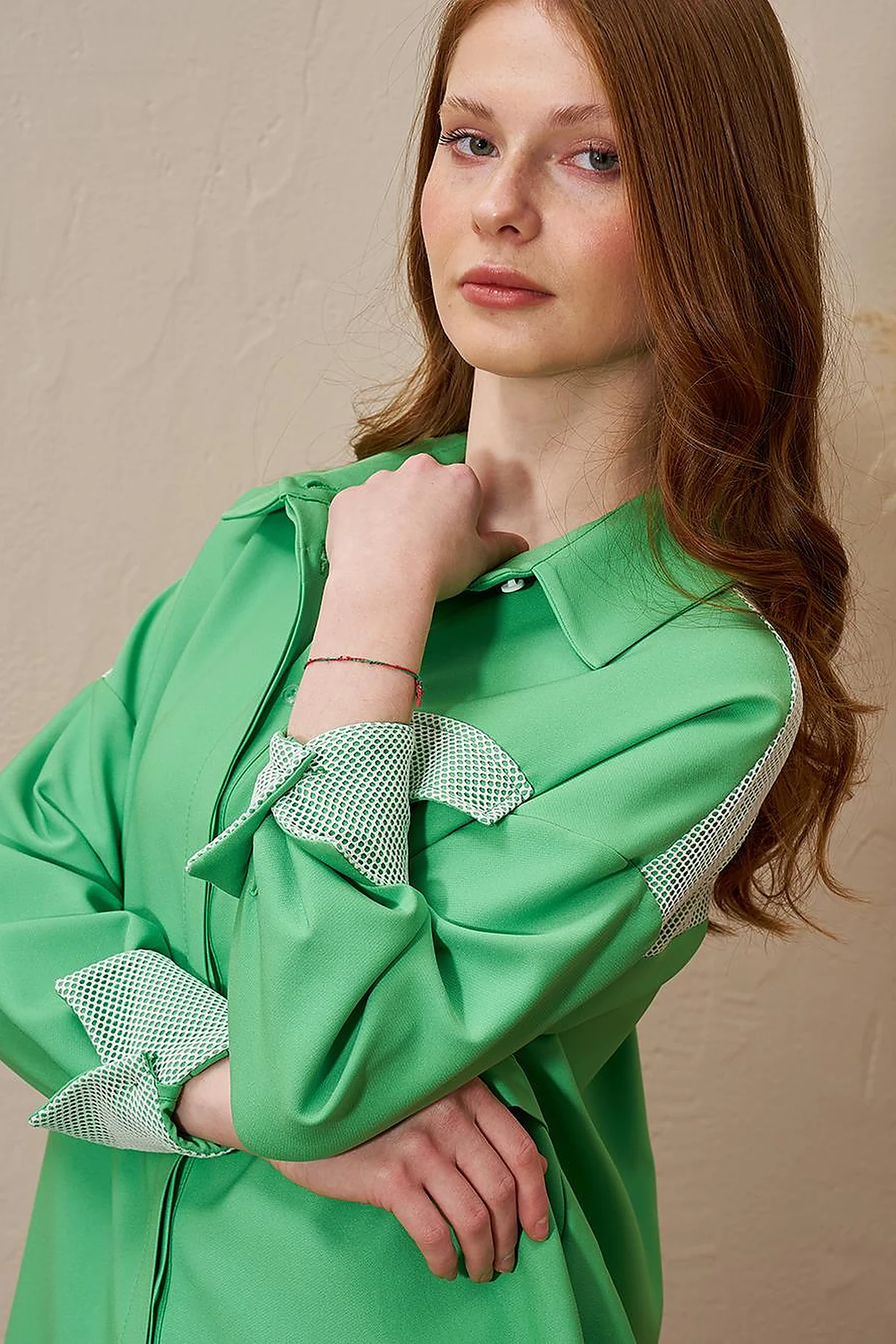 Mesh-Trimmed Wide Cuff Tunic Clover Green