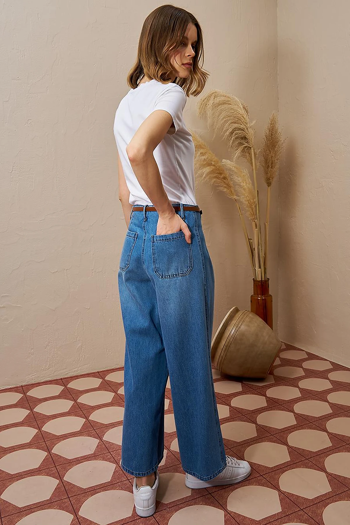 Metal Accessory Detailed Denim Pants Indigo