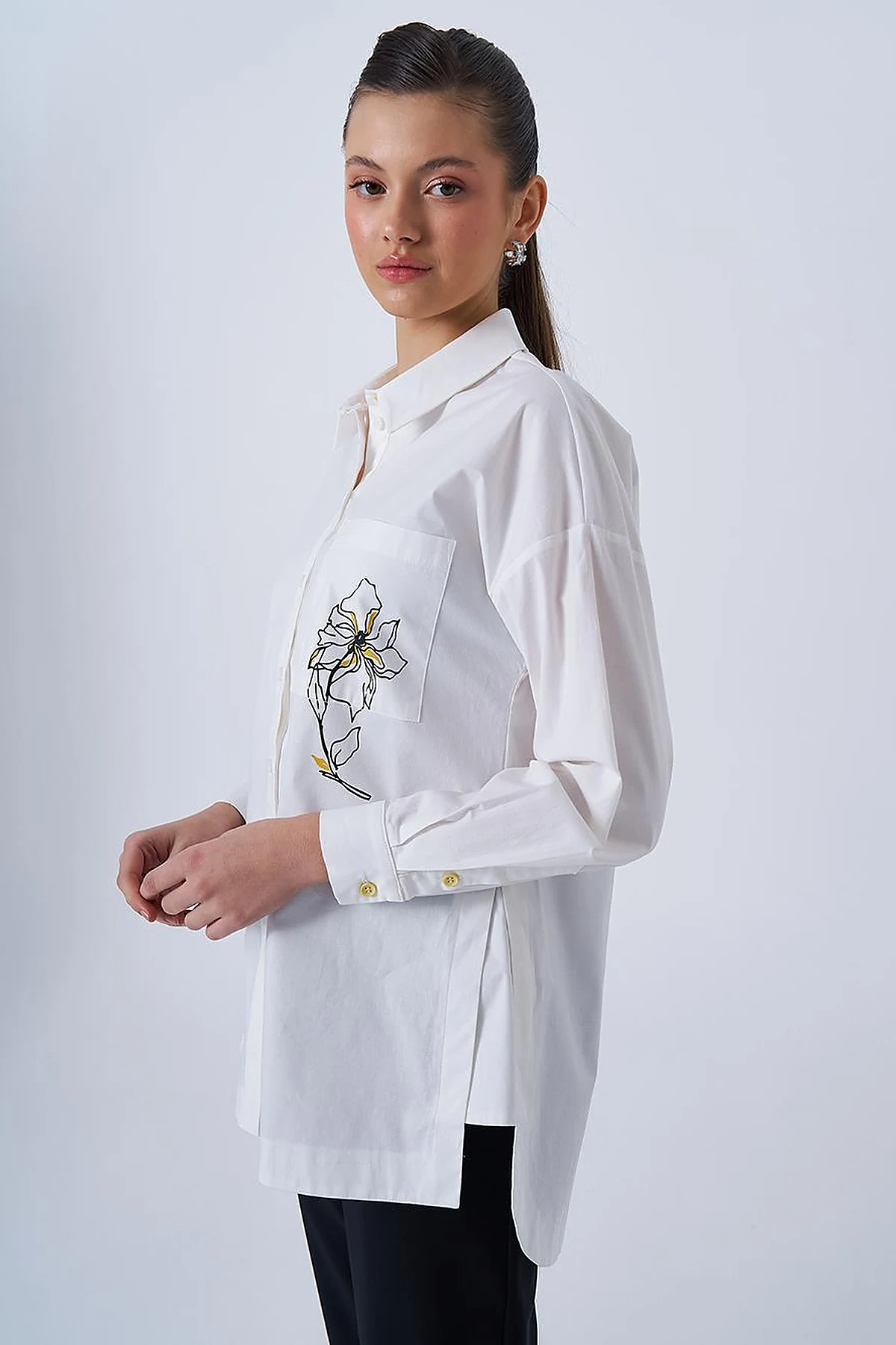 Floral Print Detail Cotton Blouse in Ecru