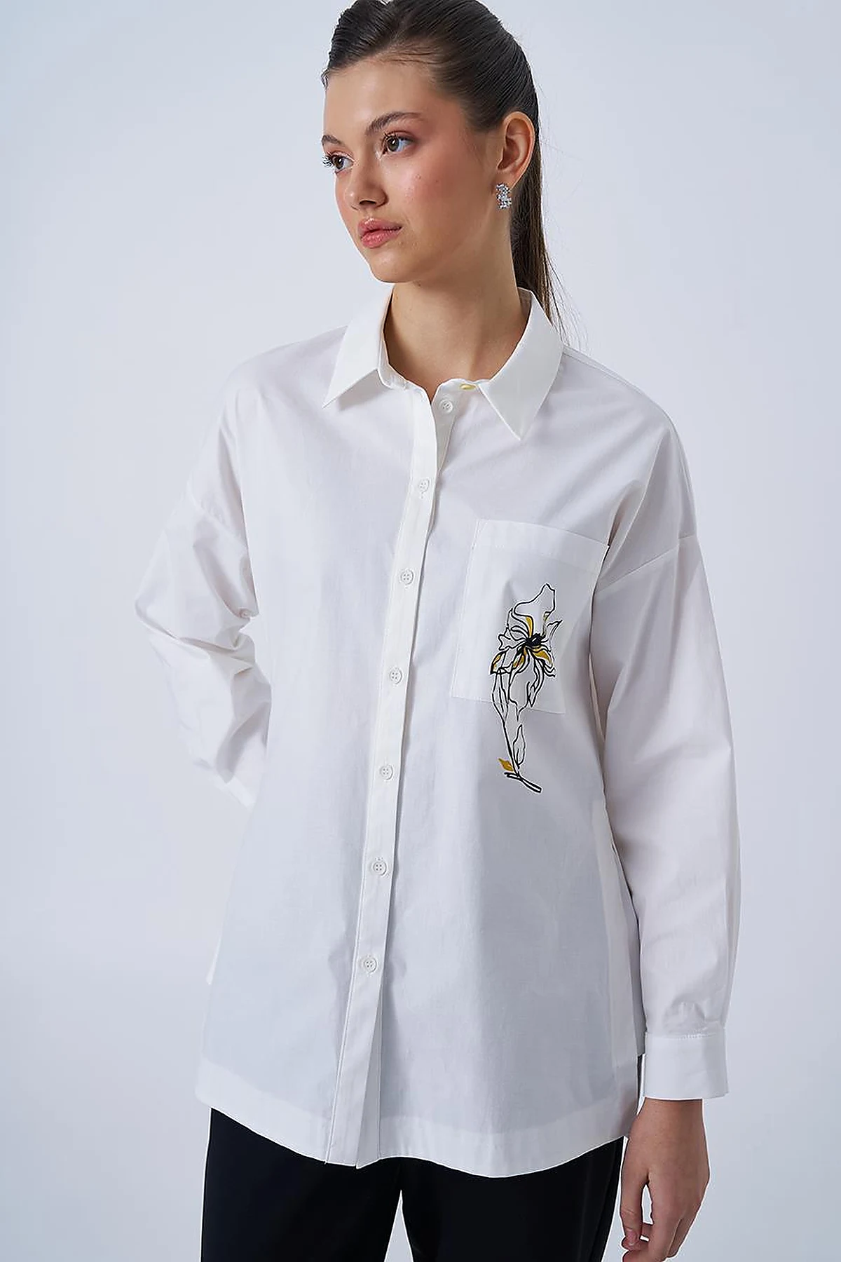 Floral Print Detail Cotton Blouse in Ecru