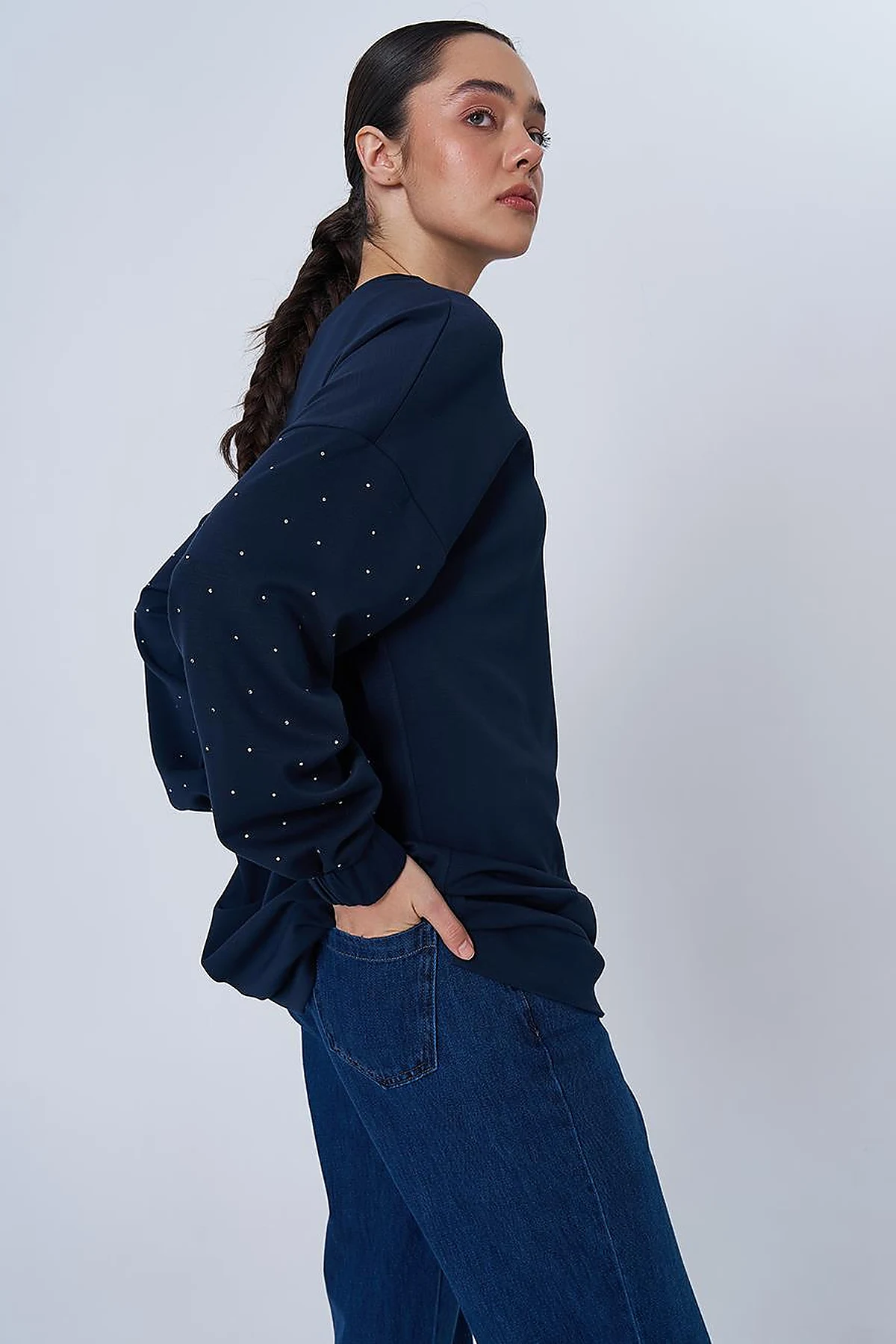 Hotfix Printed Scuba Sweatshirt in Dark Navy