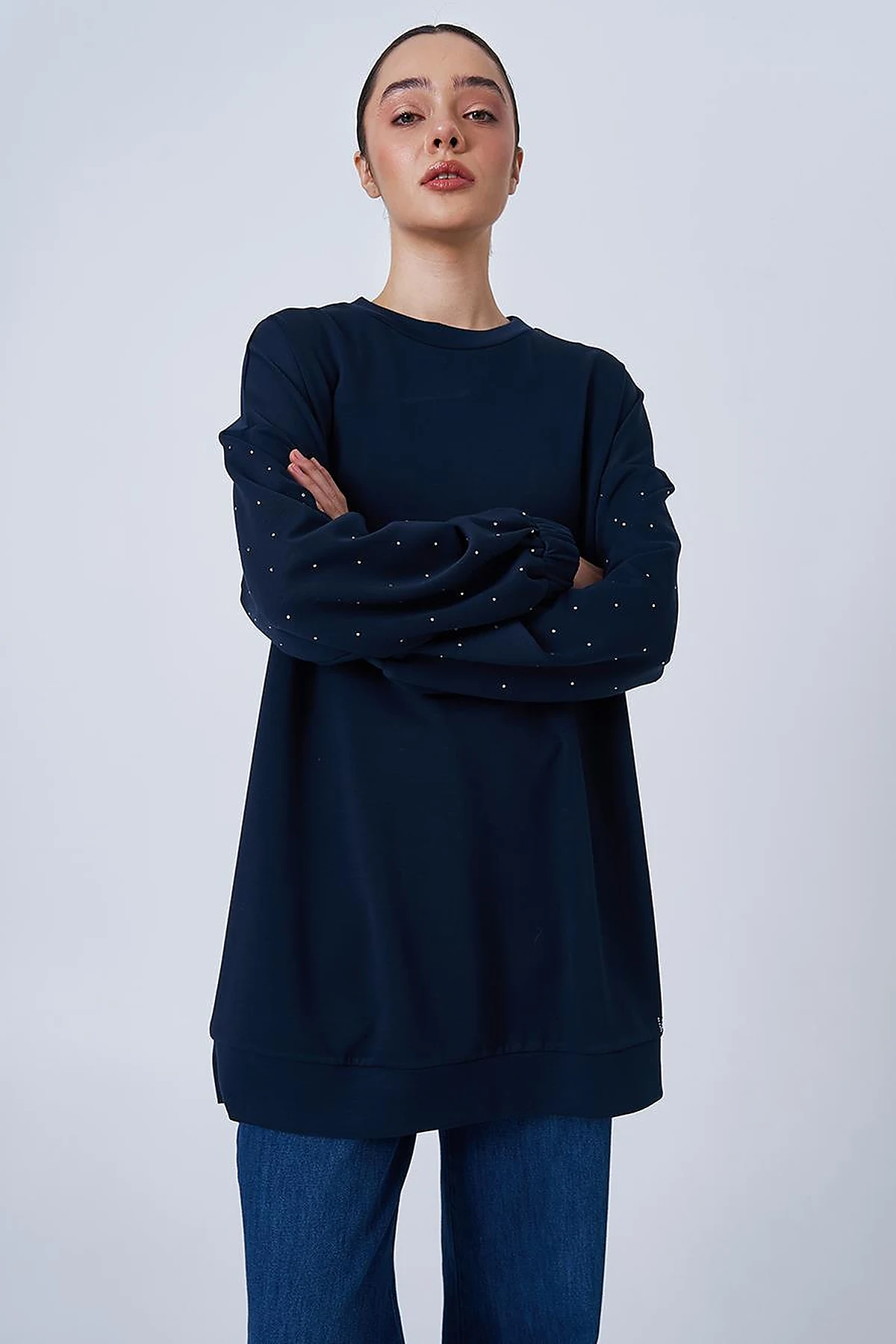 Hotfix Printed Scuba Sweatshirt in Dark Navy