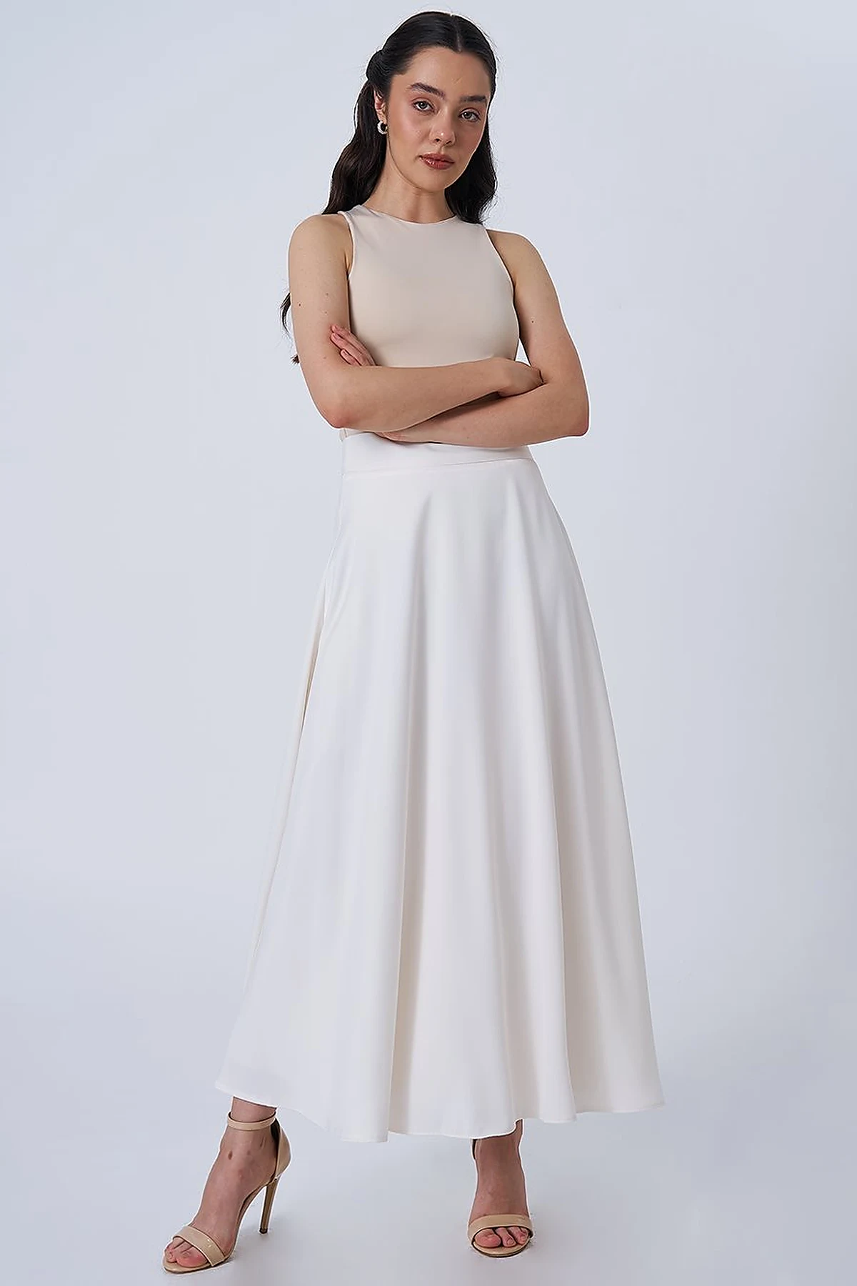 High-Waisted Satin Flared Skirt Ecru