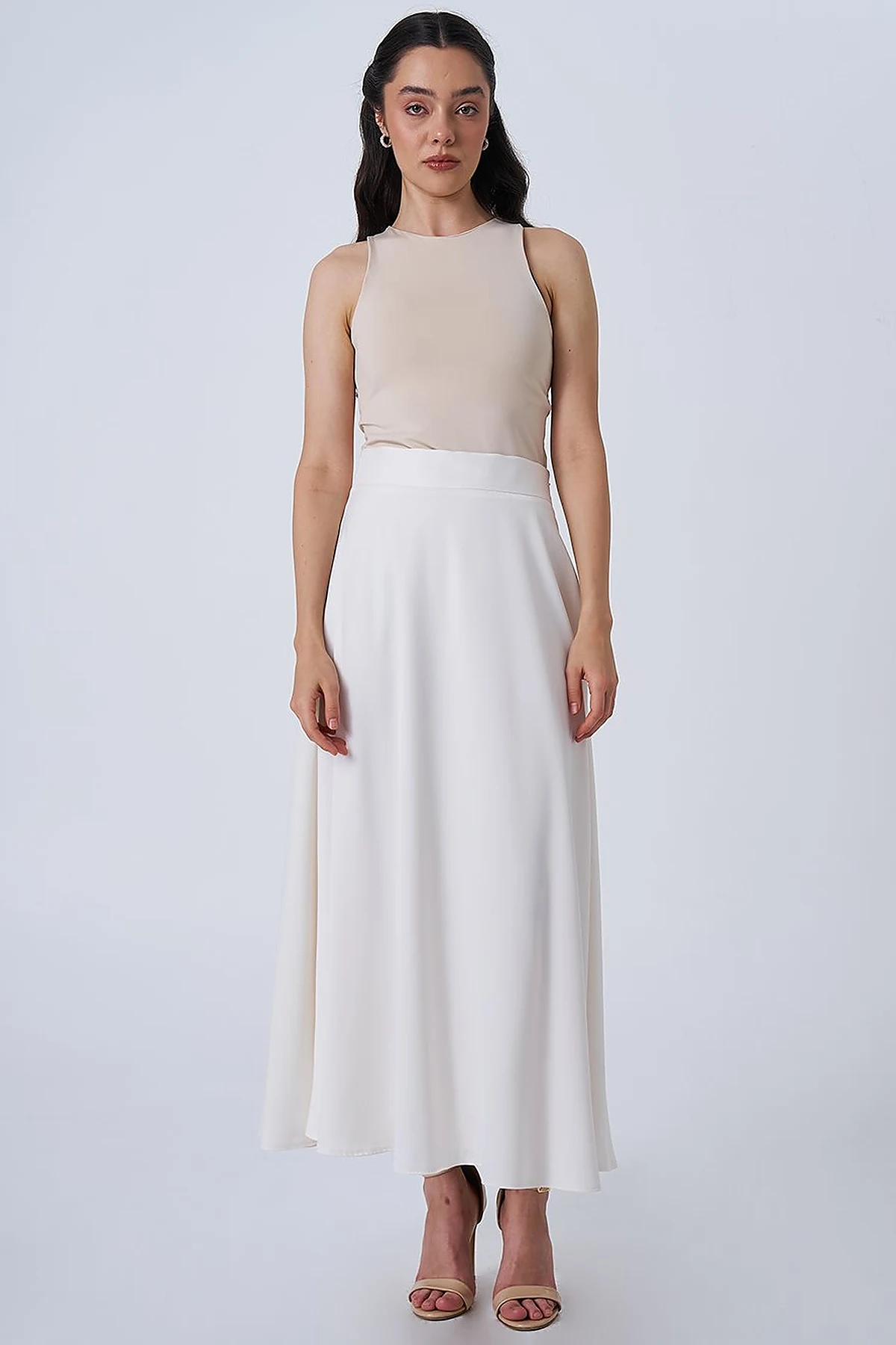 High-Waisted Satin Flared Skirt Ecru
