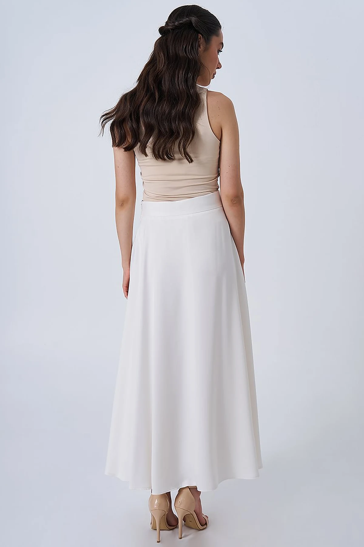 High-Waisted Satin Flared Skirt Ecru