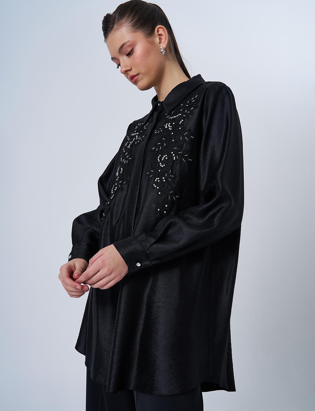 Dantel Aplikeli Saten Tunik Siyah 