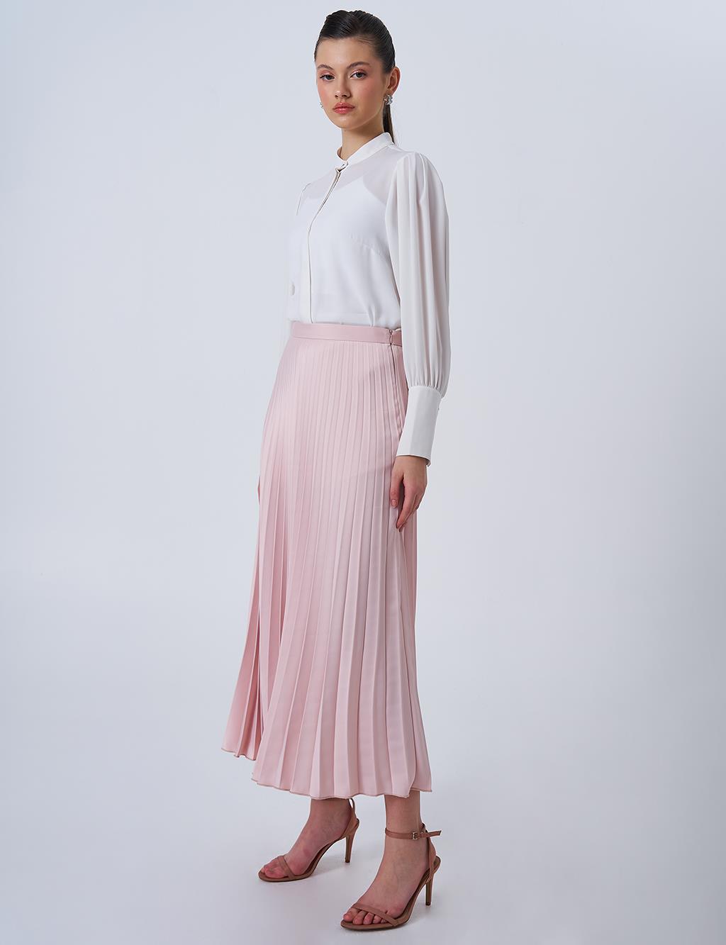 Pleated High-Waisted Satin Skirt in Powder Pink