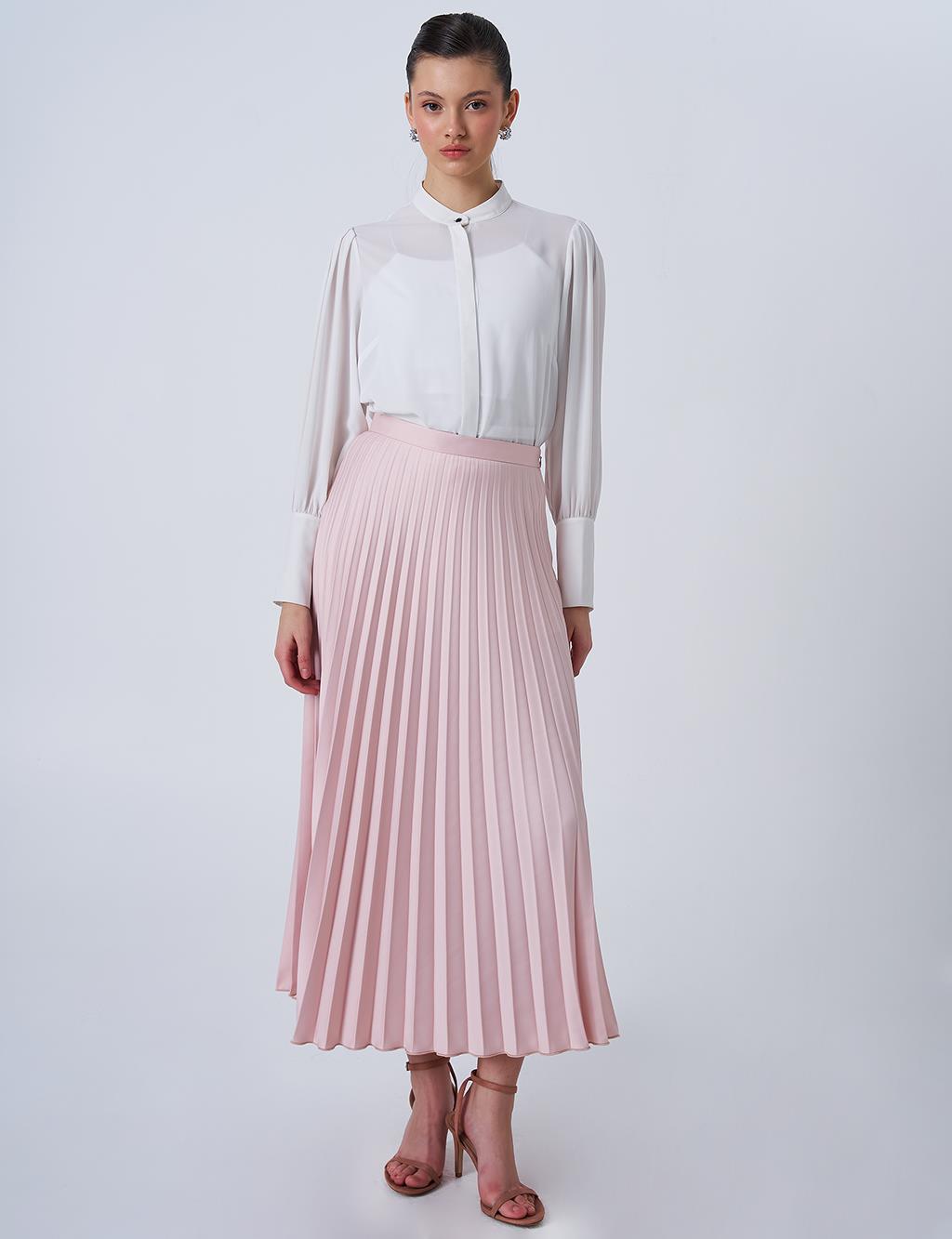 Pleated High-Waisted Satin Skirt in Powder Pink