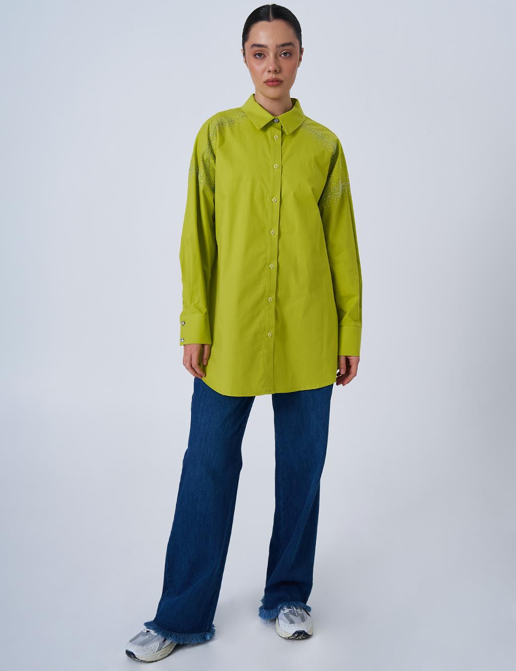 Wide Cuffed Hotfix Printed Cotton Tunic Pistachio Green
