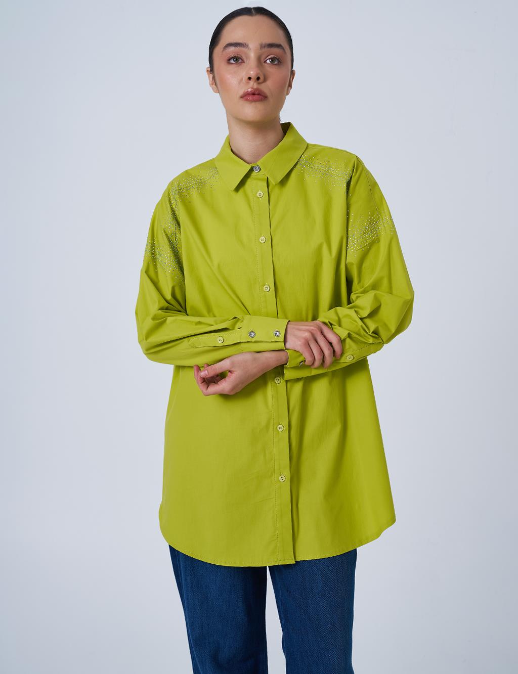 Wide Cuffed Hotfix Printed Cotton Tunic Pistachio Green