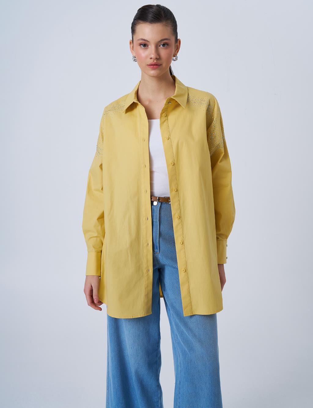 Wide Cuffed Hotfix Printed Cotton Tunic Yellow