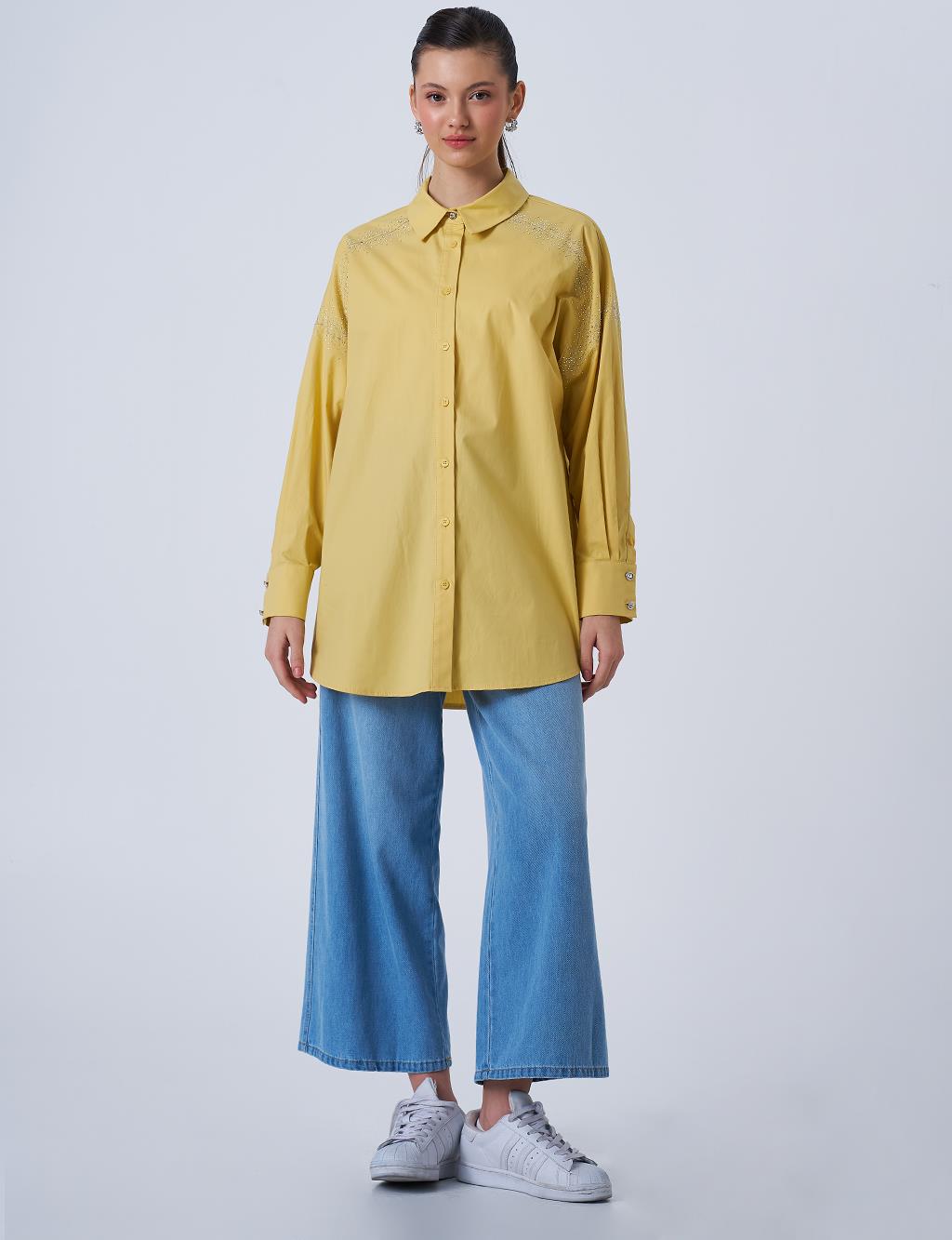 Wide Cuffed Hotfix Printed Cotton Tunic Yellow