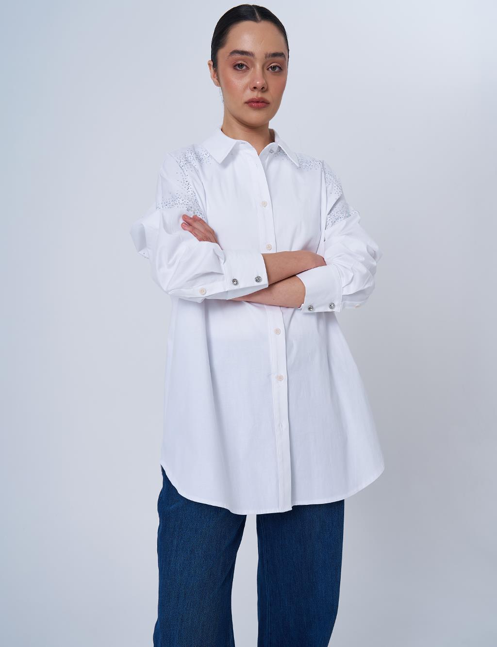 Wide Cuffed Hotfix Printed Cotton Tunic Optic White