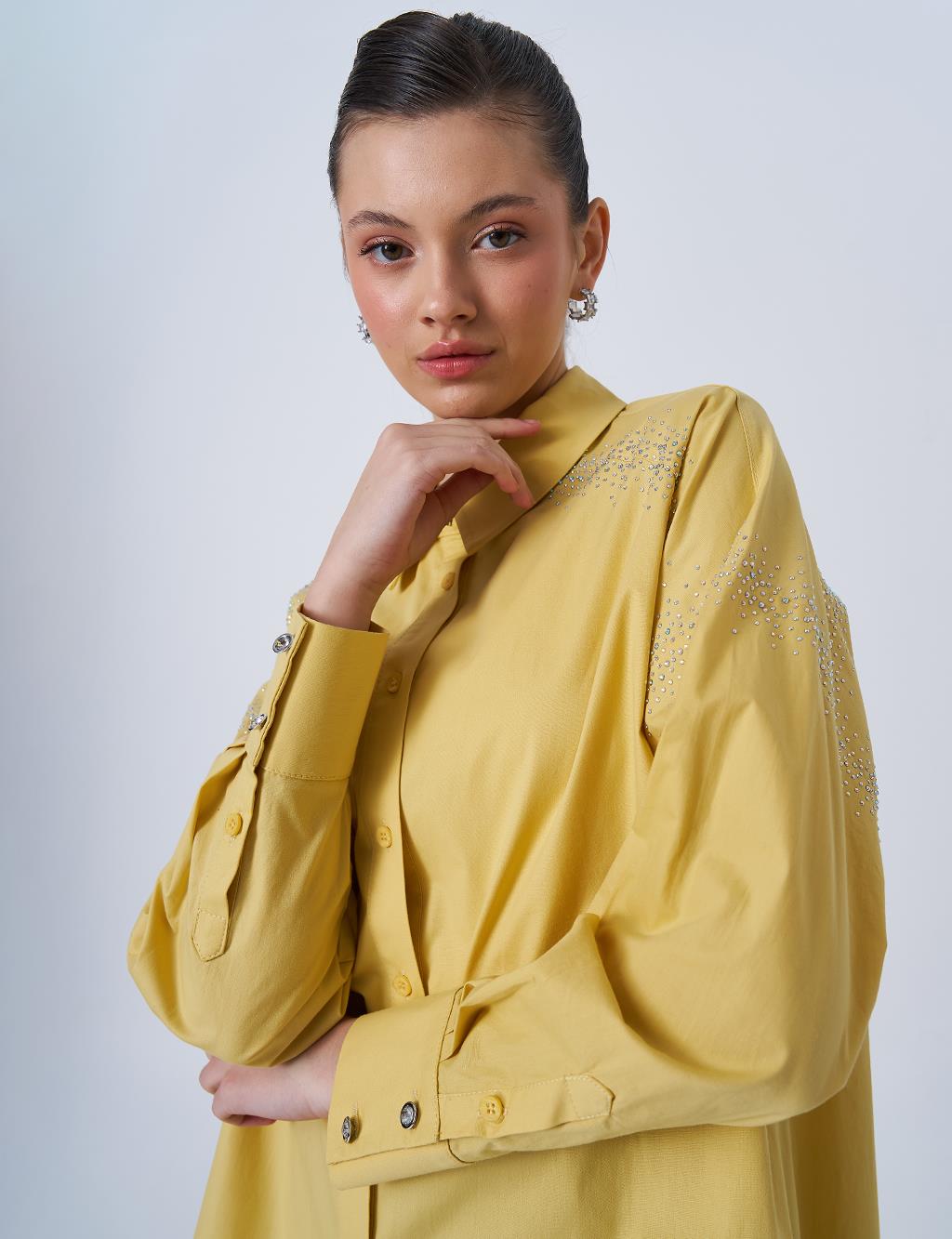 Wide Cuffed Hotfix Printed Cotton Tunic Yellow