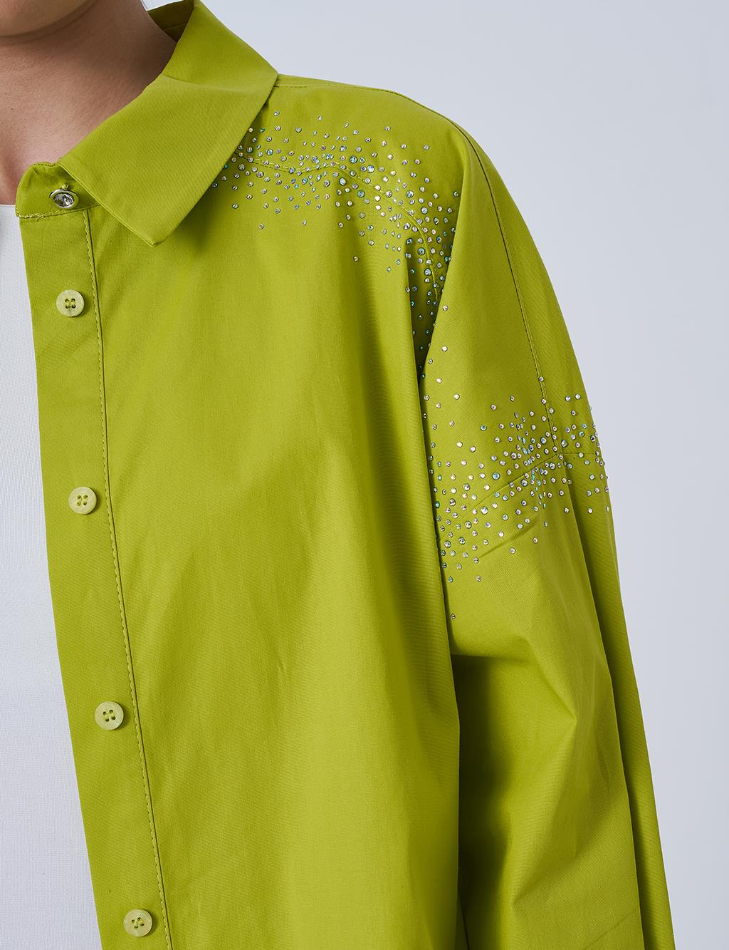 Wide Cuffed Hotfix Printed Cotton Tunic Pistachio Green