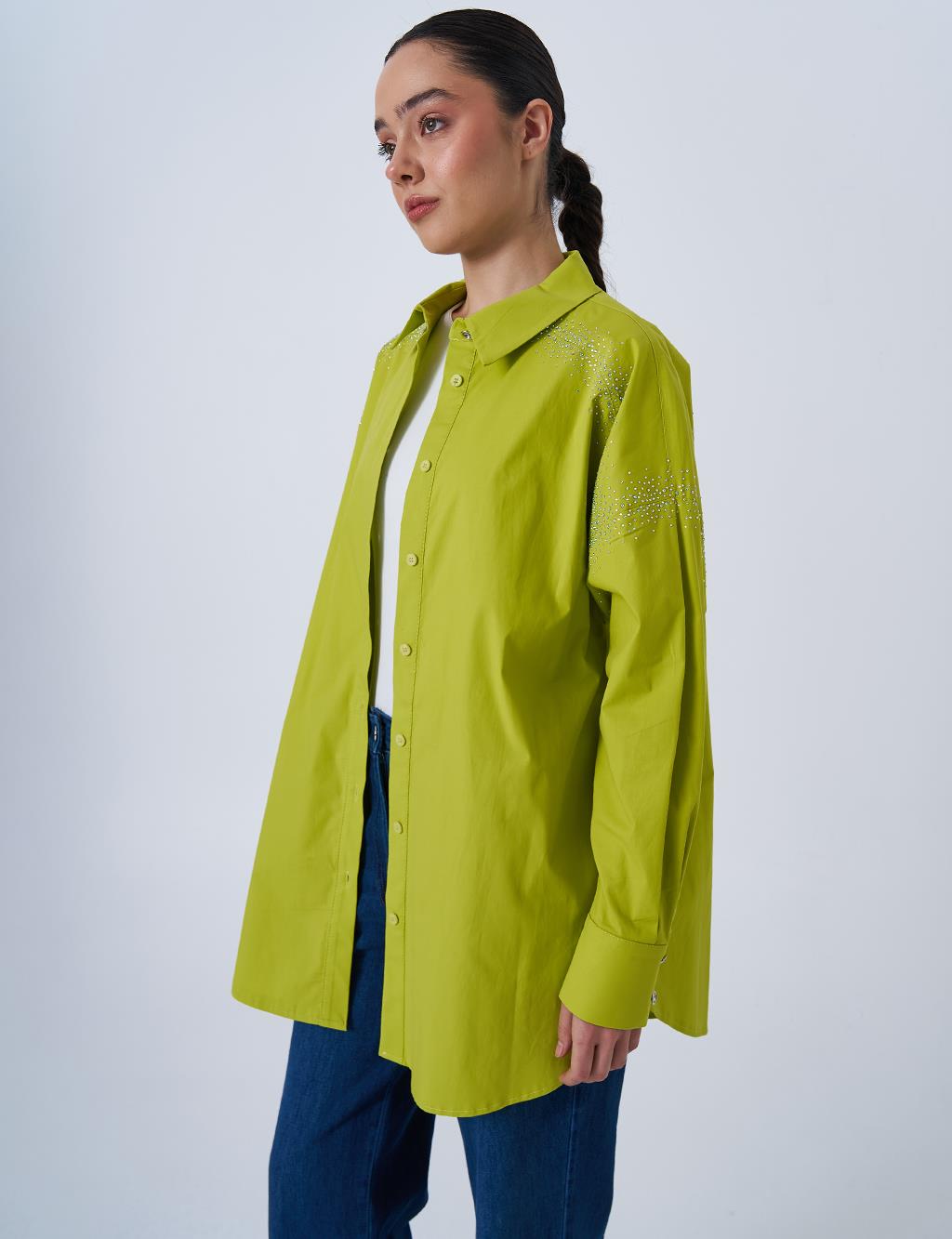 Wide Cuffed Hotfix Printed Cotton Tunic Pistachio Green