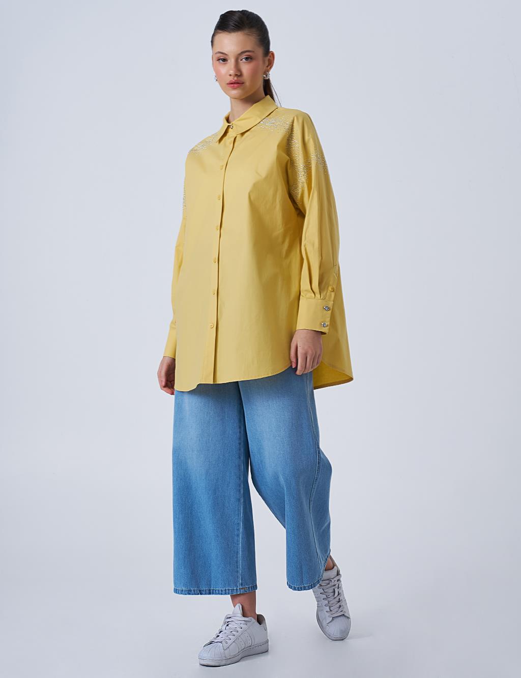 Wide Cuffed Hotfix Printed Cotton Tunic Yellow