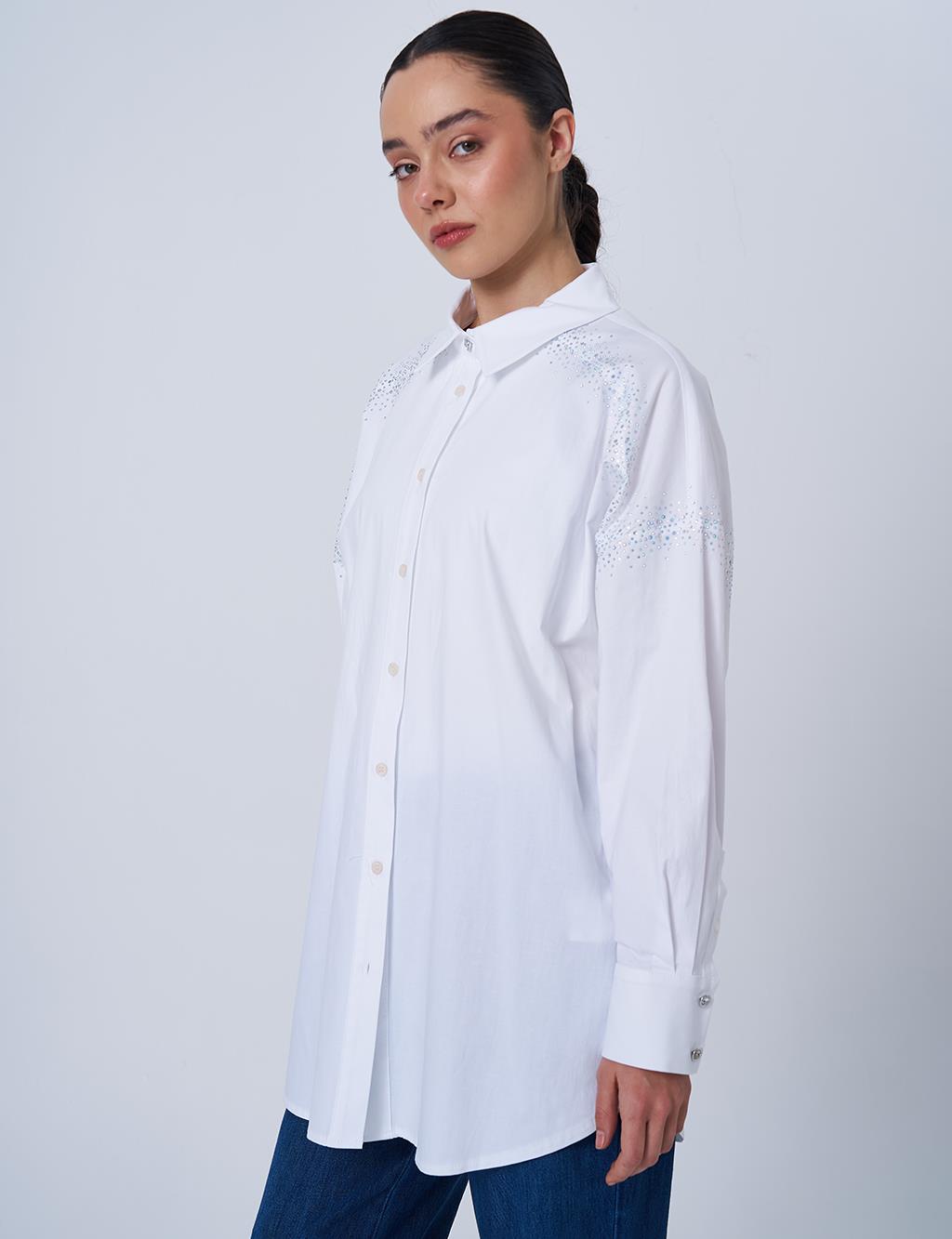 Wide Cuffed Hotfix Printed Cotton Tunic Optic White
