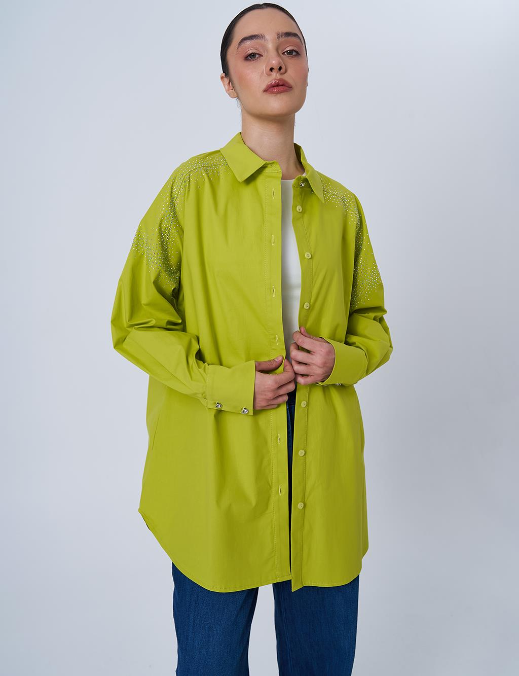 Wide Cuffed Hotfix Printed Cotton Tunic Pistachio Green