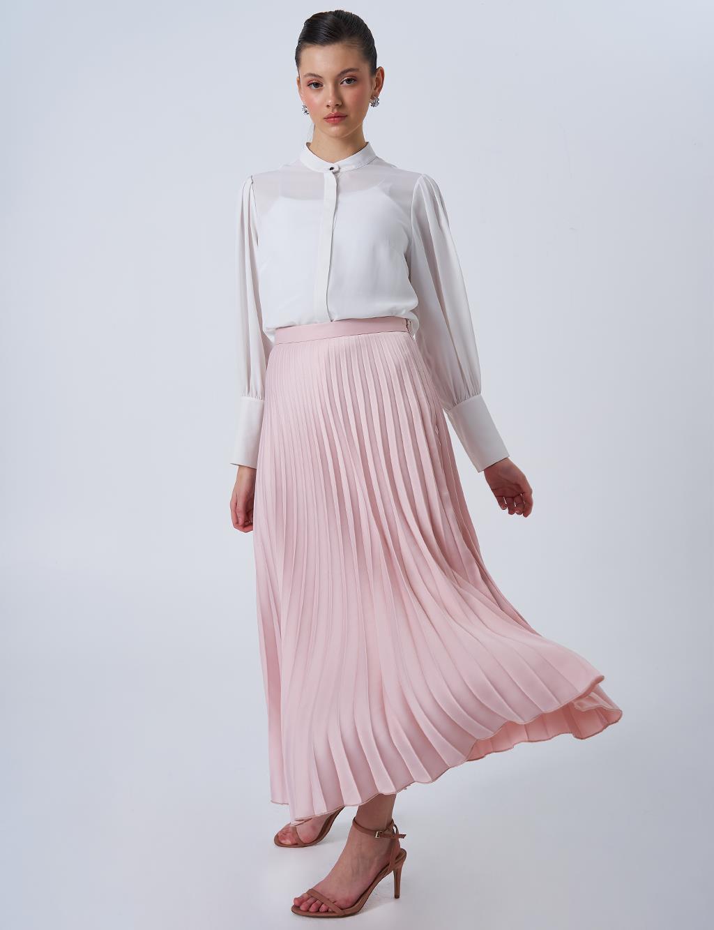 Pleated High-Waisted Satin Skirt in Powder Pink
