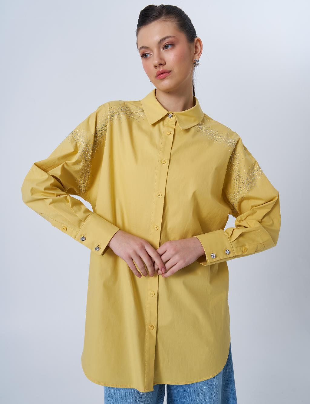 Wide Cuffed Hotfix Printed Cotton Tunic Yellow