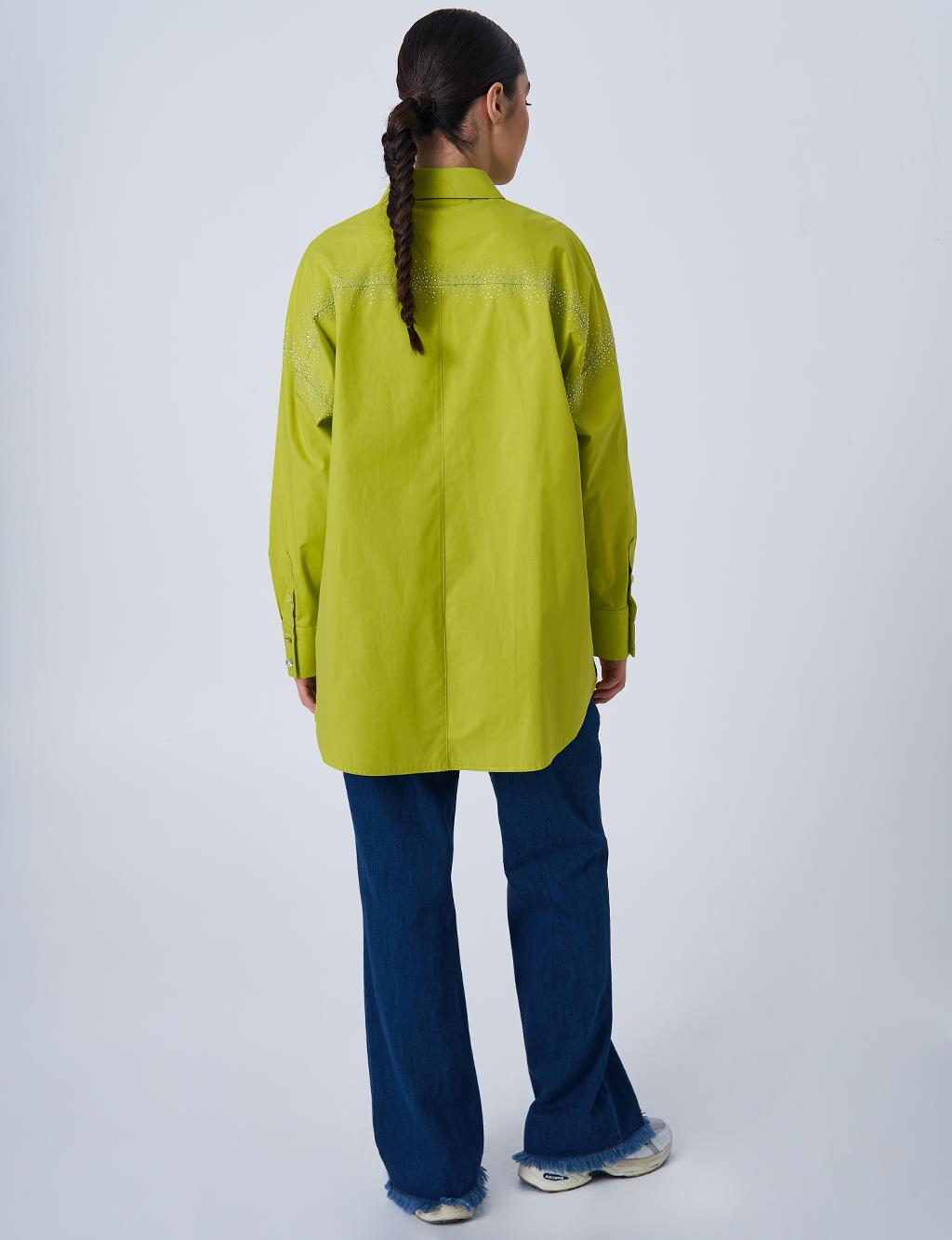 Wide Cuffed Hotfix Printed Cotton Tunic Pistachio Green