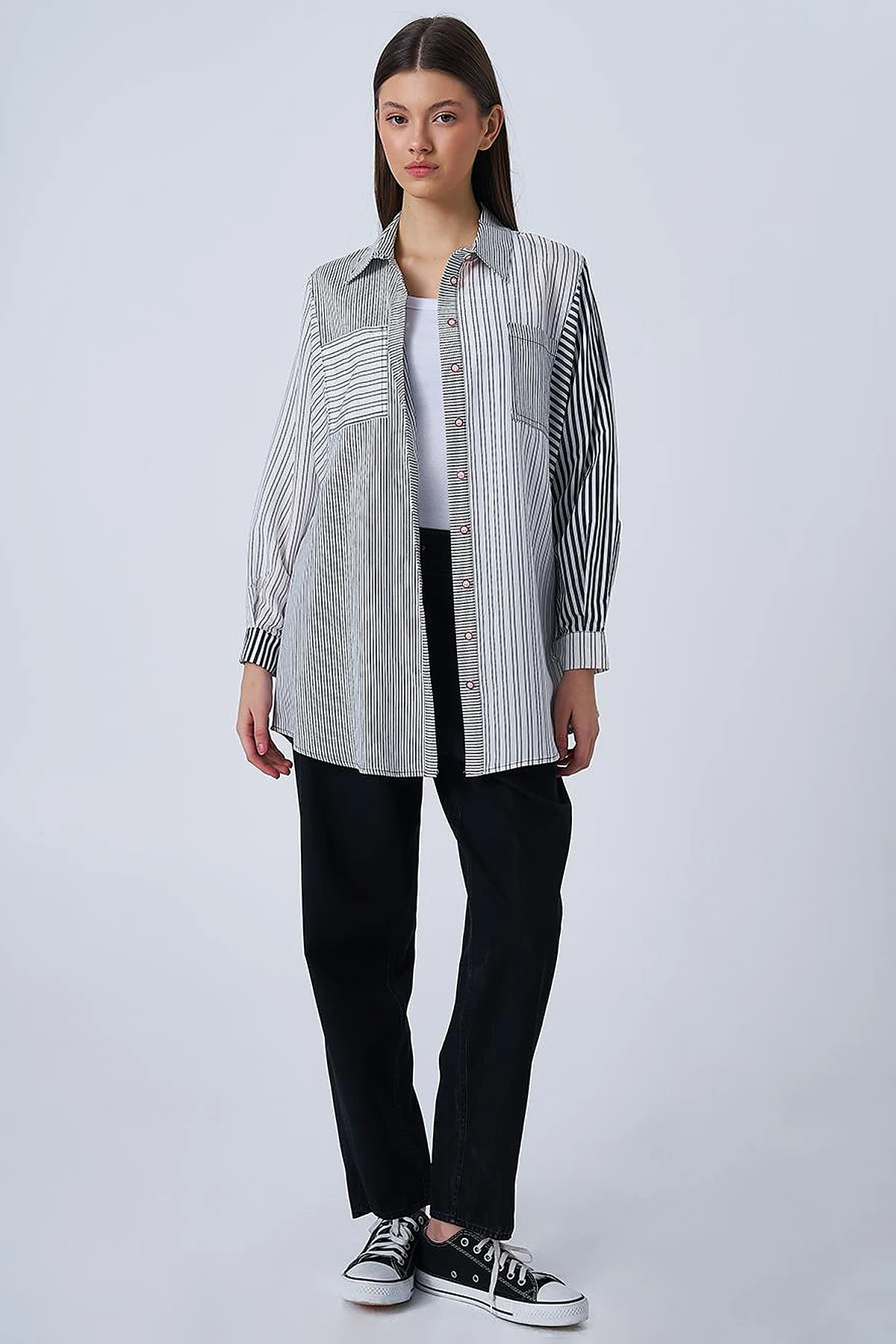 Striped Pattern Modal Tunic Black