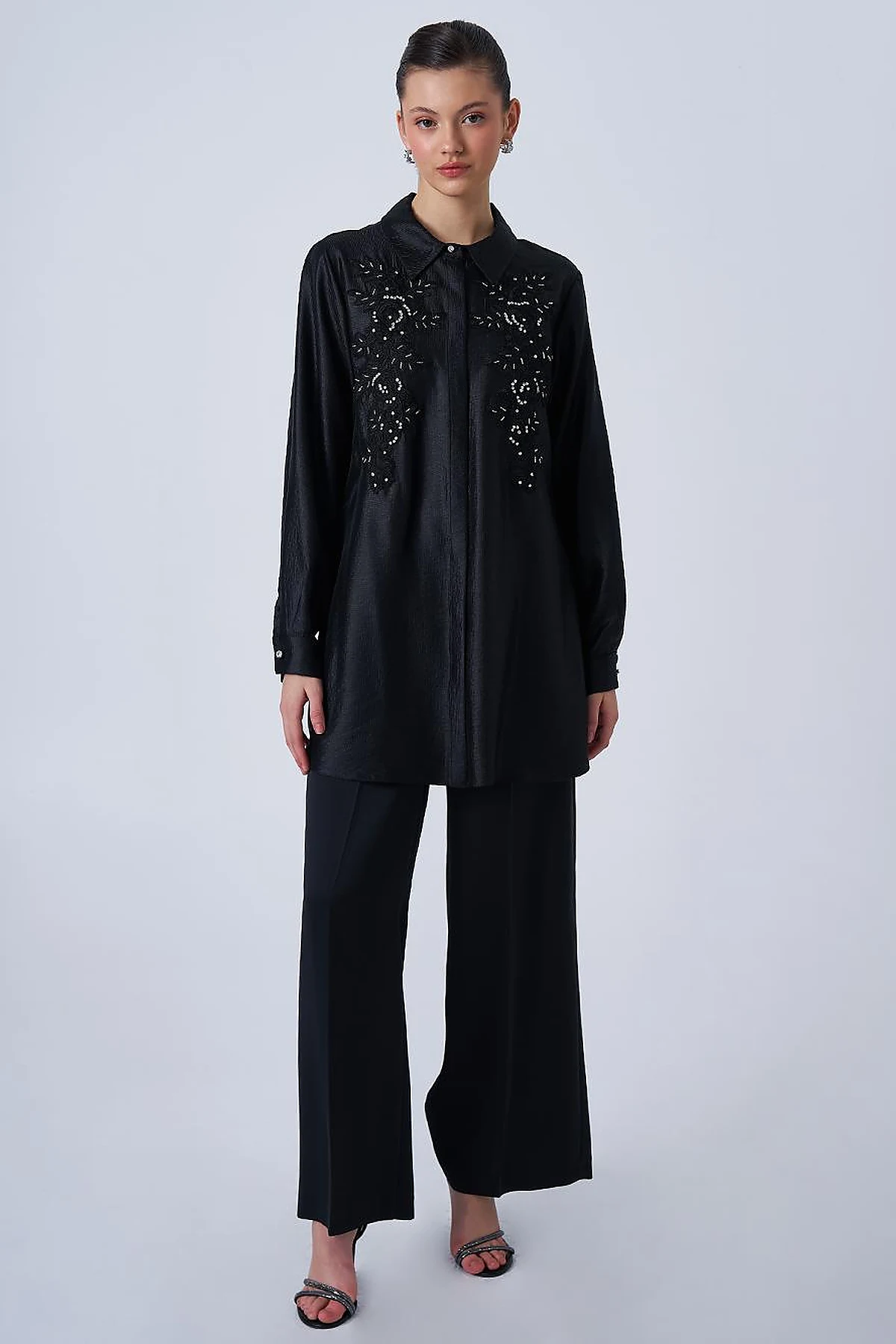 Lace Appliqué Satin Tunic Black