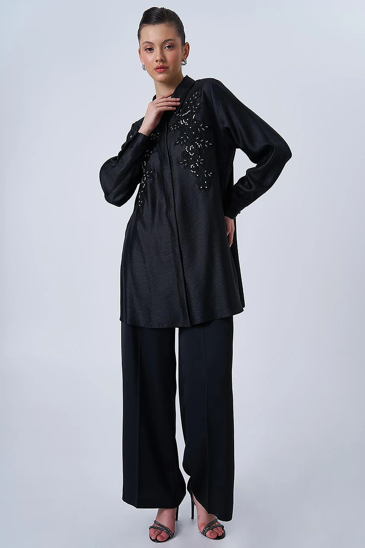 Lace Appliqué Satin Tunic Black