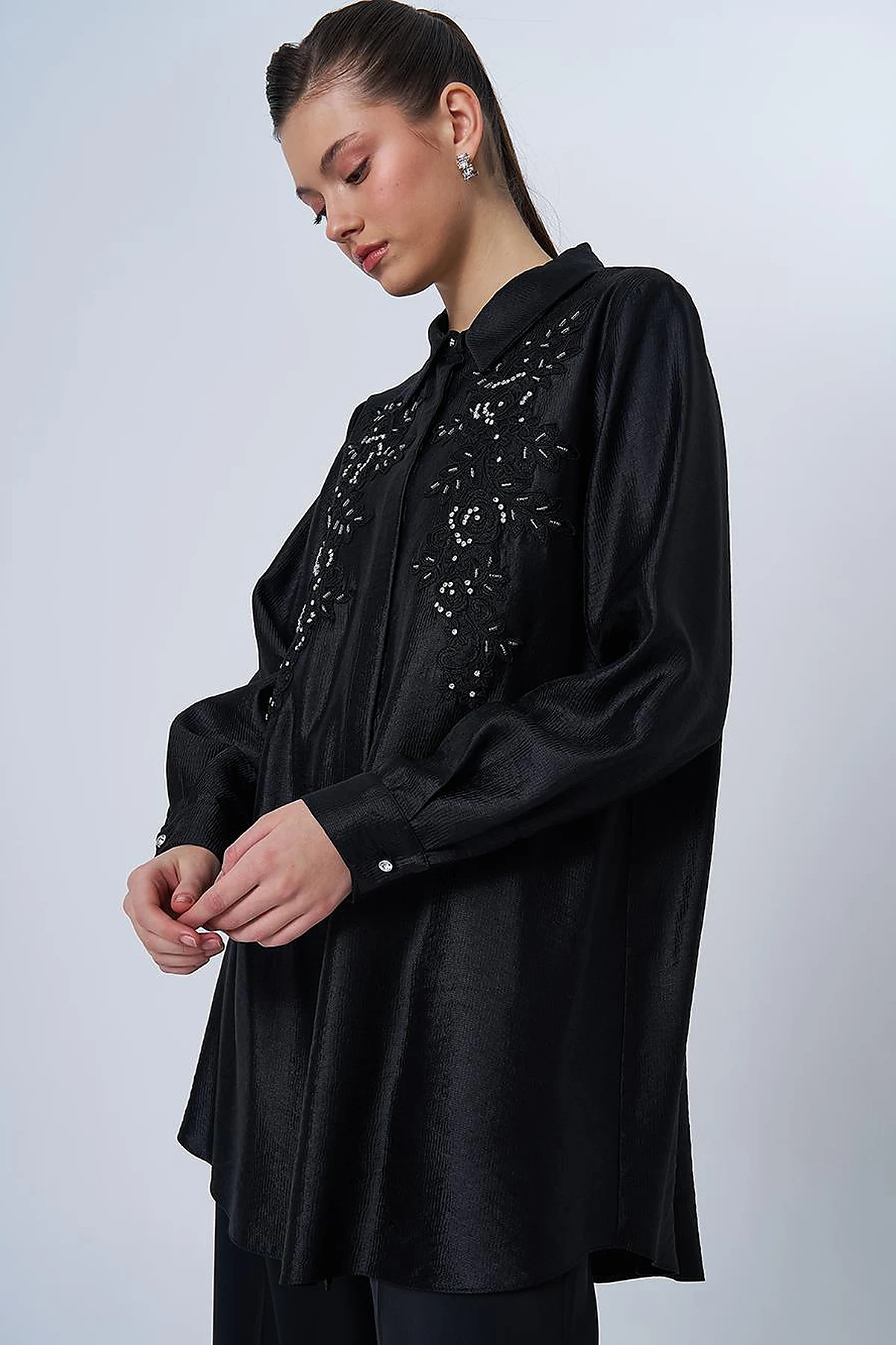 Lace Appliqué Satin Tunic Black
