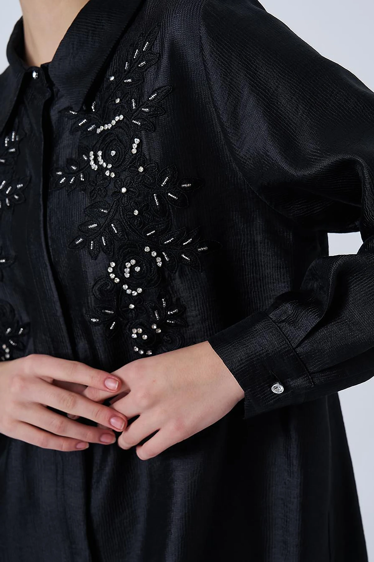 Lace Appliqué Satin Tunic Black
