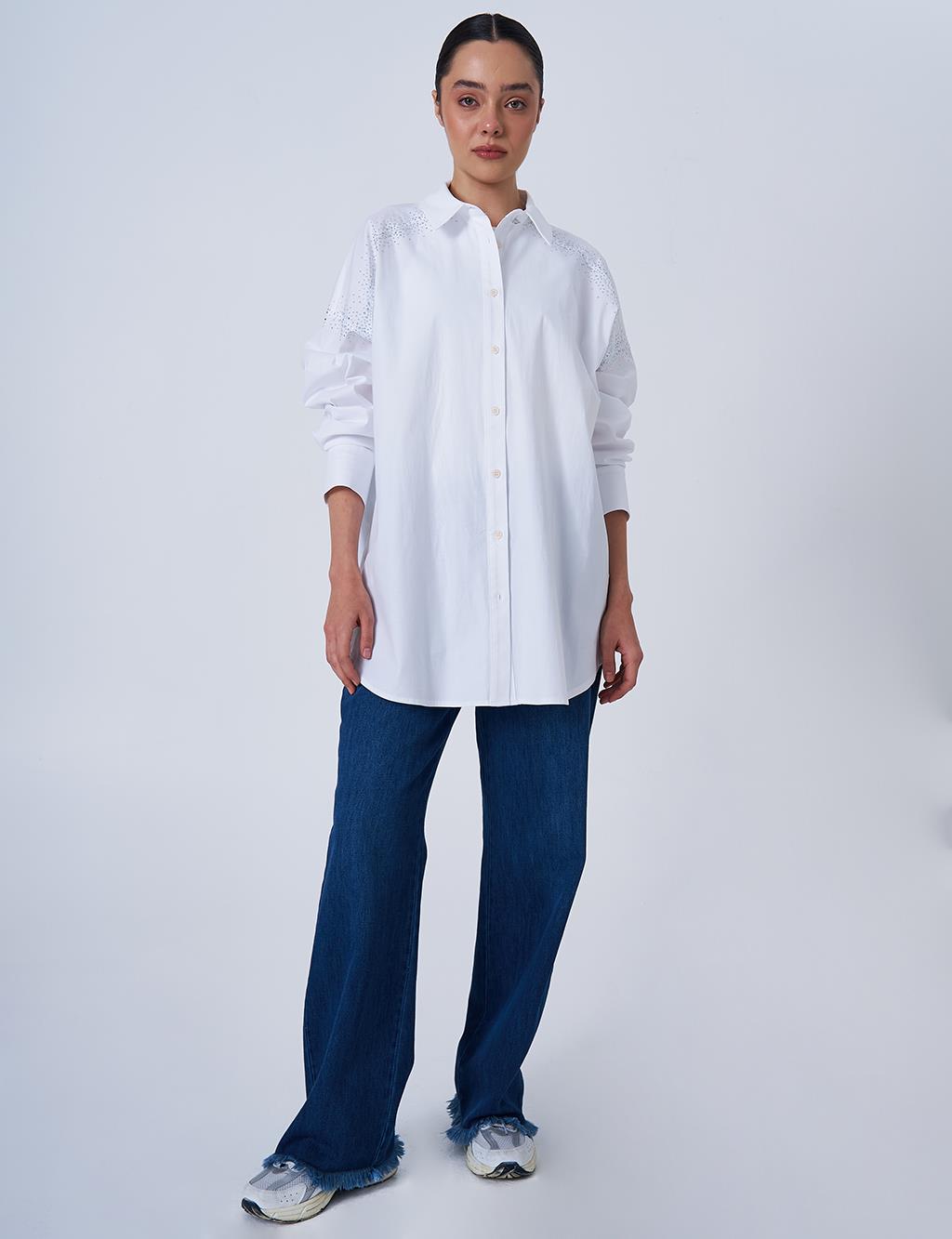 Wide Cuffed Hotfix Printed Cotton Tunic Optic White