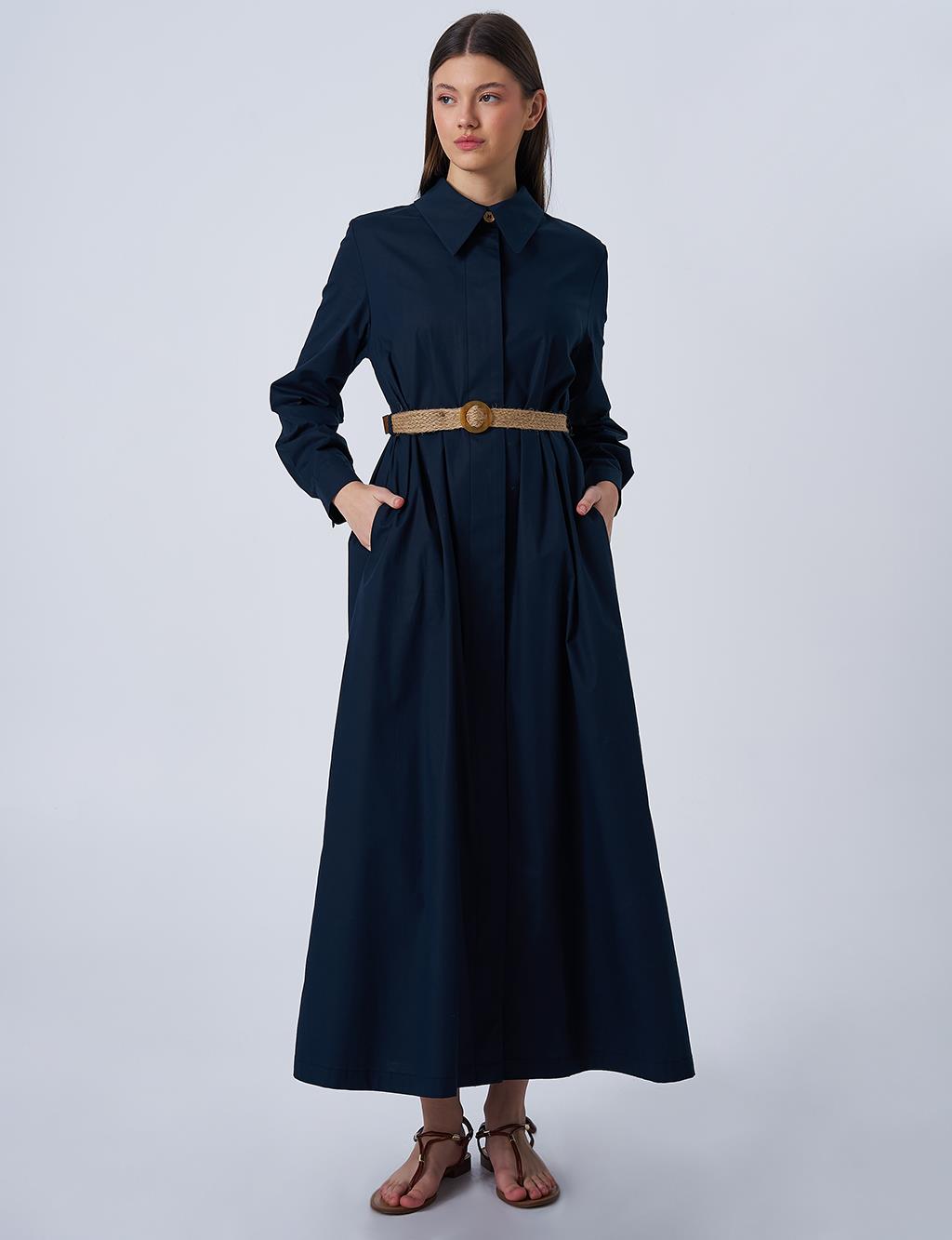 Woven Belt Detailed Cotton Dress Dark Navy