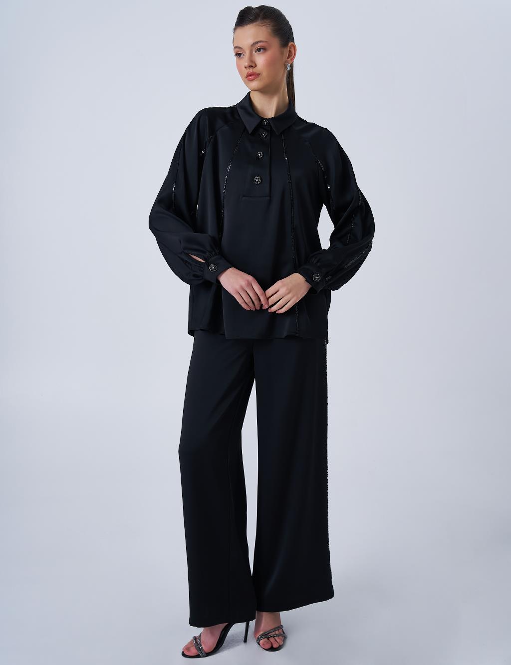 Shiny Button Satin Blouse in Black