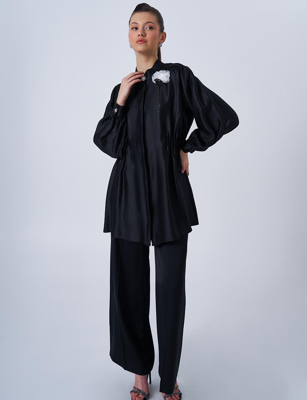Brooch Detailed Satin Tunic Black