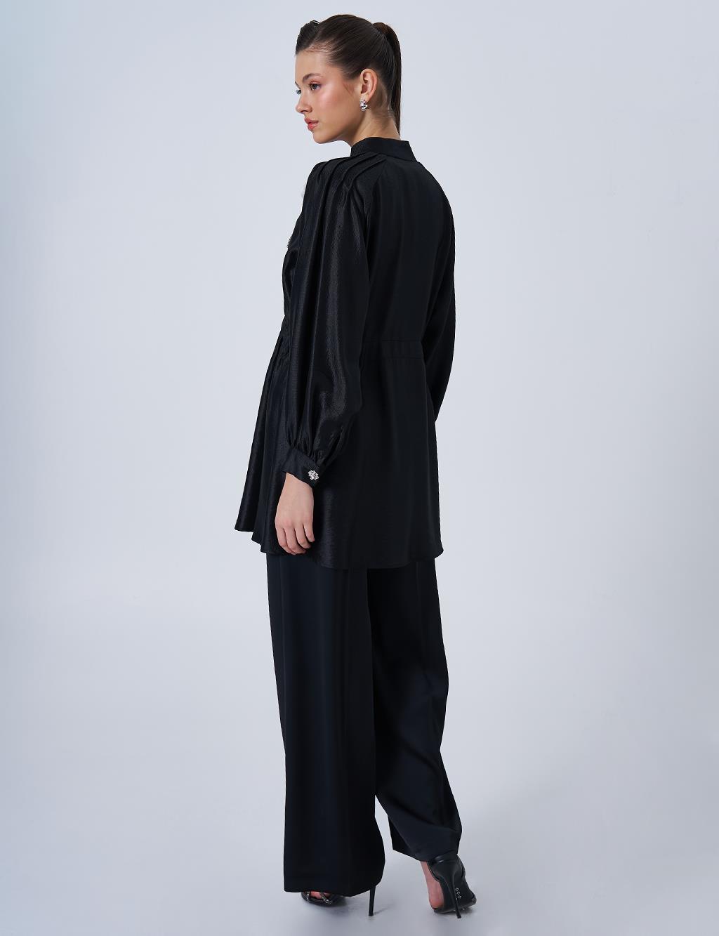 Brooch Detailed Satin Tunic Black