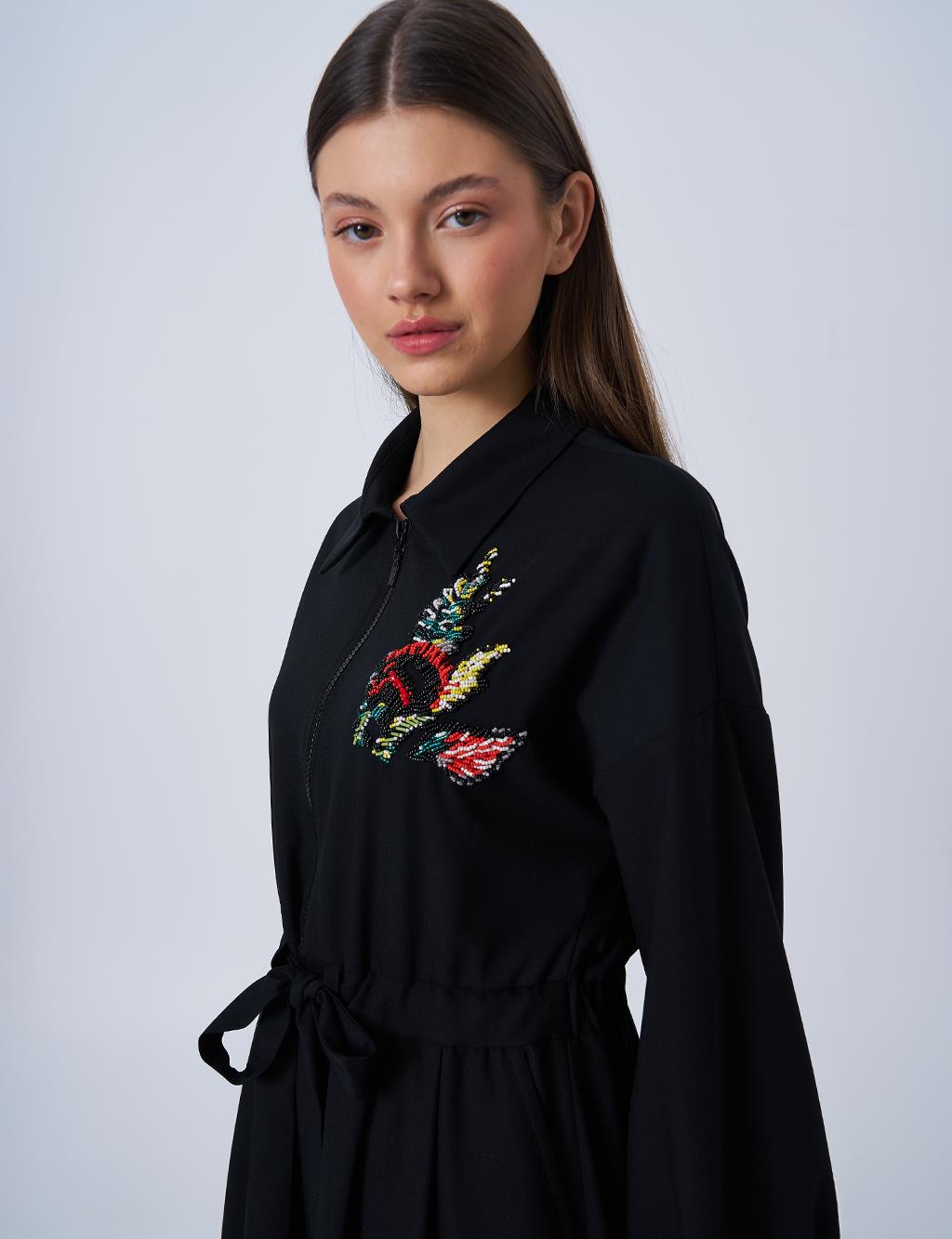 İşlemeli Rayon Elbise Siyah 