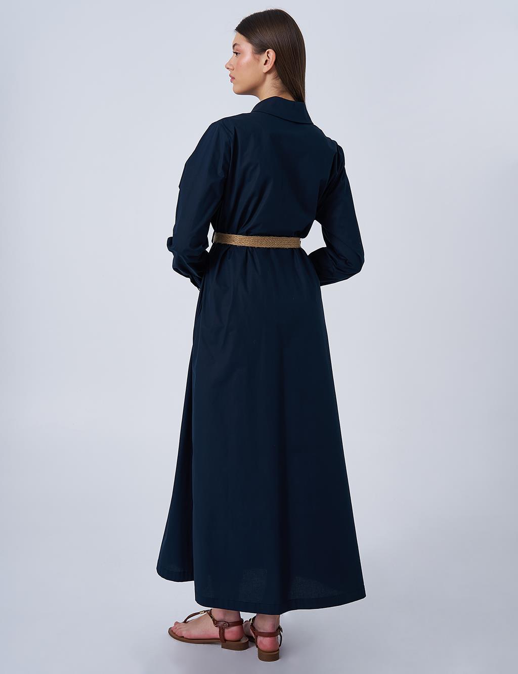 Woven Belt Detailed Cotton Dress Dark Navy