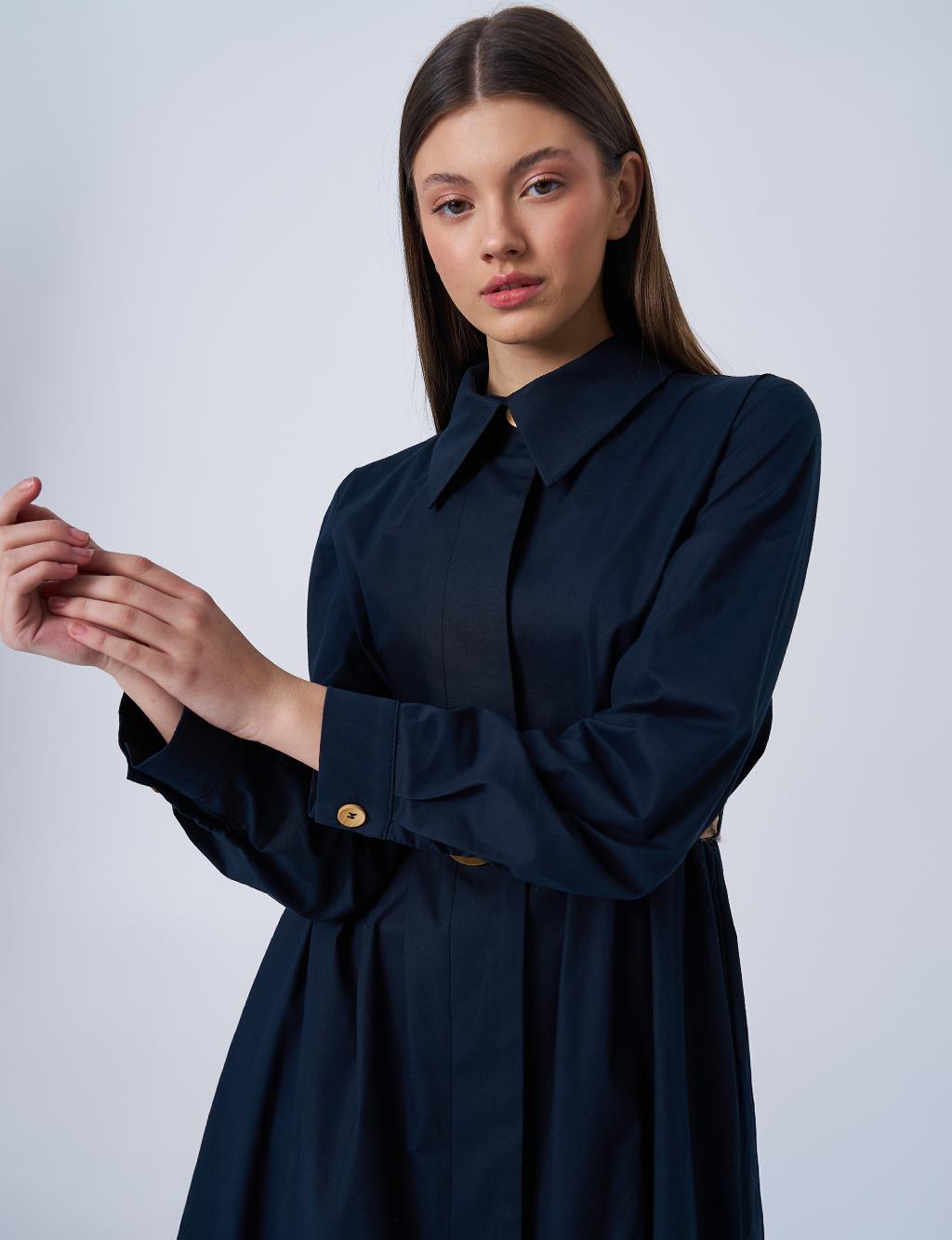 Woven Belt Detailed Cotton Dress Dark Navy