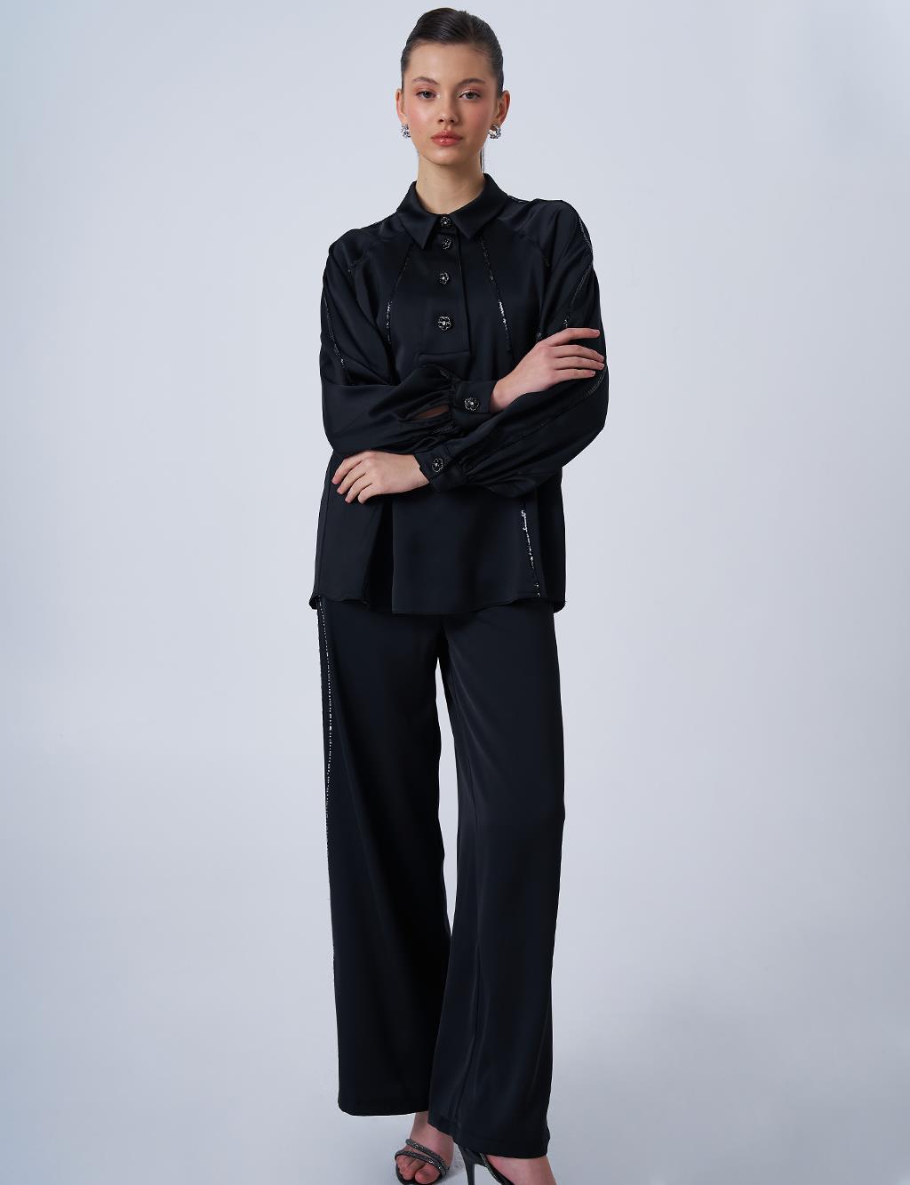 Shiny Button Satin Blouse in Black