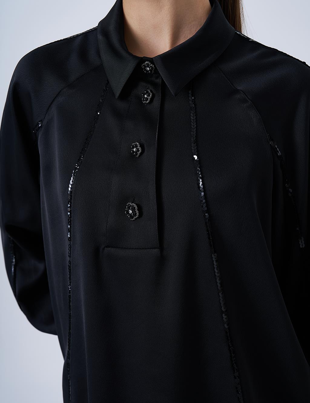 Shiny Button Satin Blouse in Black