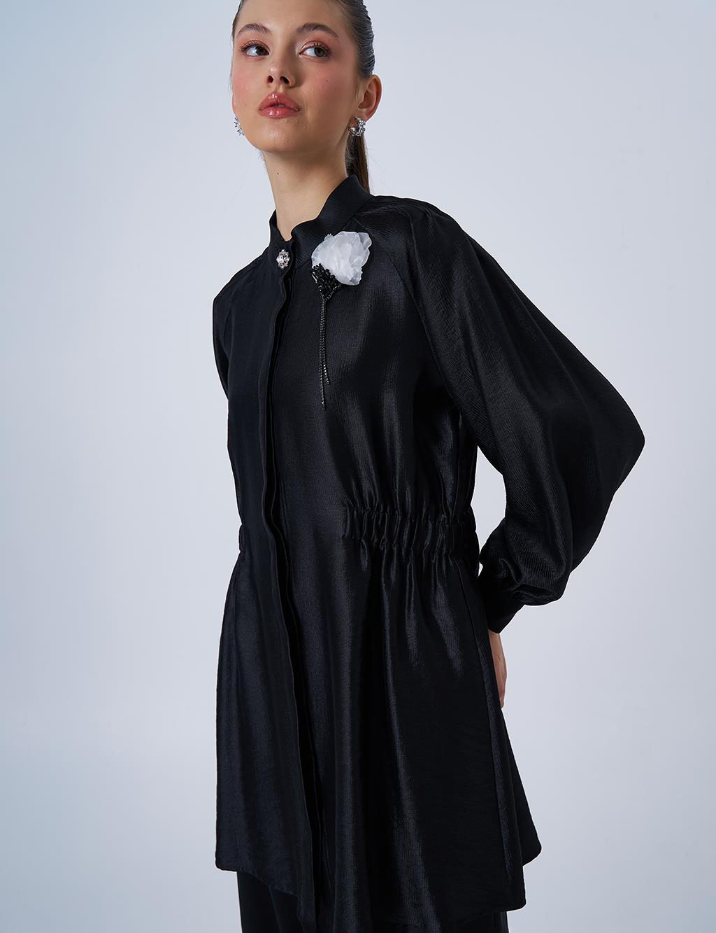 Brooch Detailed Satin Tunic Black