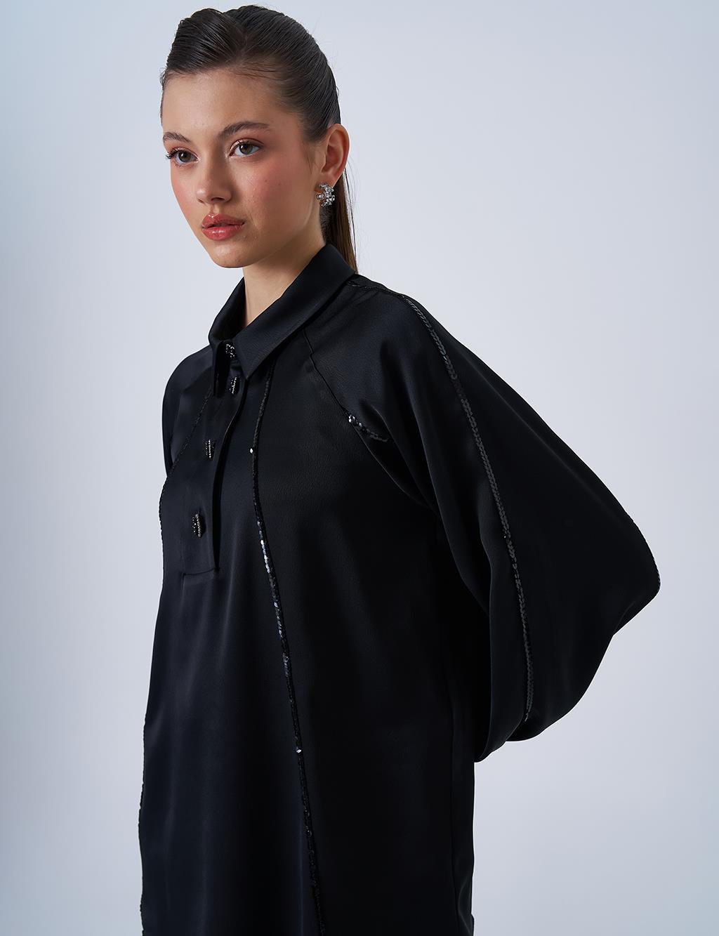 Shiny Button Satin Blouse in Black