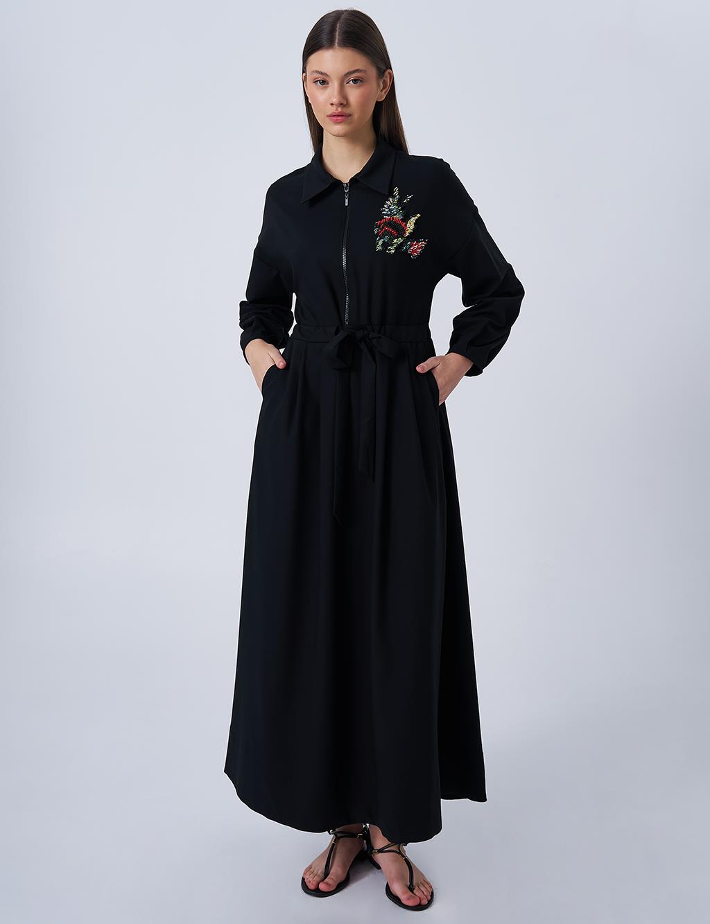 İşlemeli Rayon Elbise Siyah 